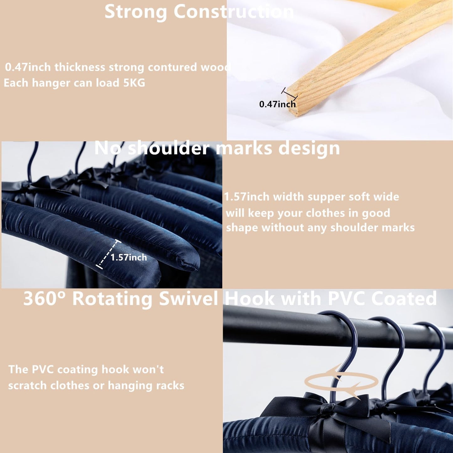 Cocomaya 43 cm Pack of 5 Extra Large Anti Slip Satin Padded Hanger No Bumps for Coats, Sweaters,Bridal Wedding Dress (Navy, 5)