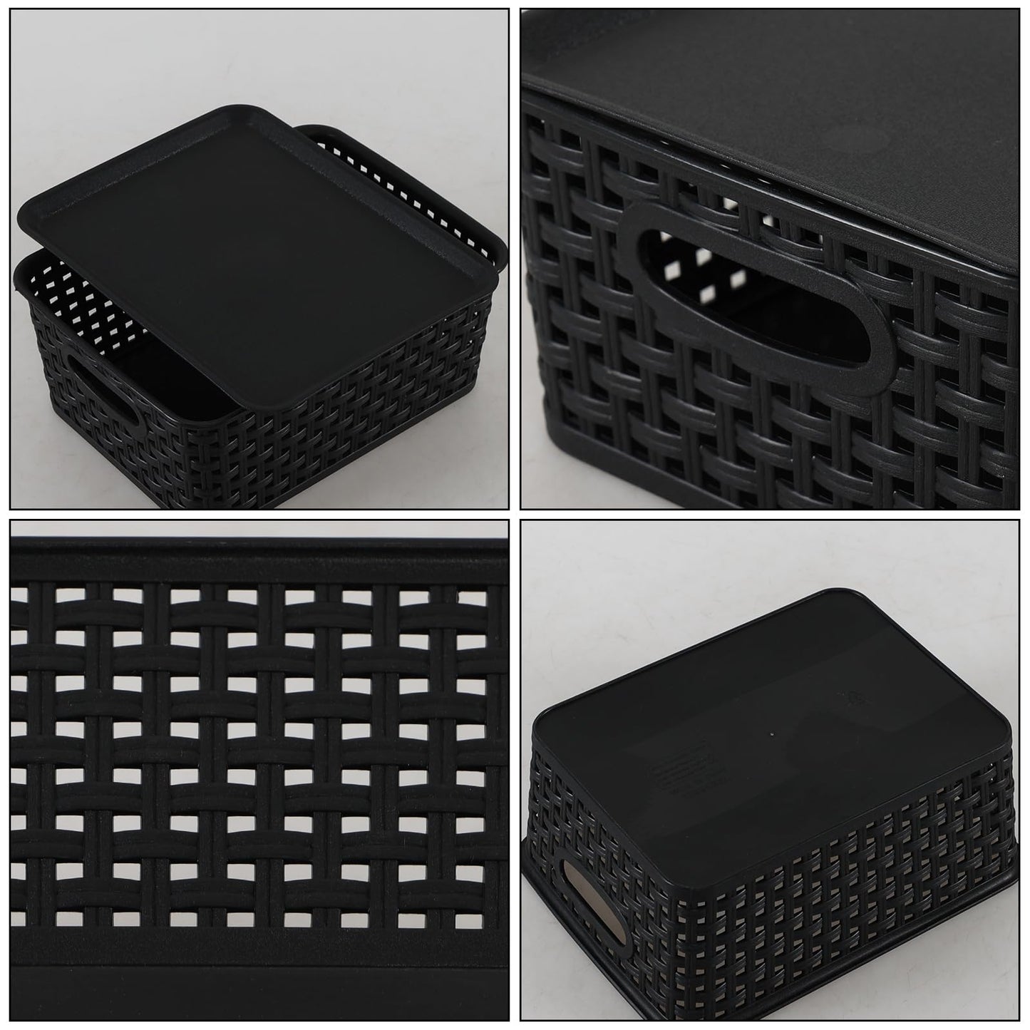 Innouse 6 PCS Small Plastic Woven Storage Basket with Lid for Desktop Black