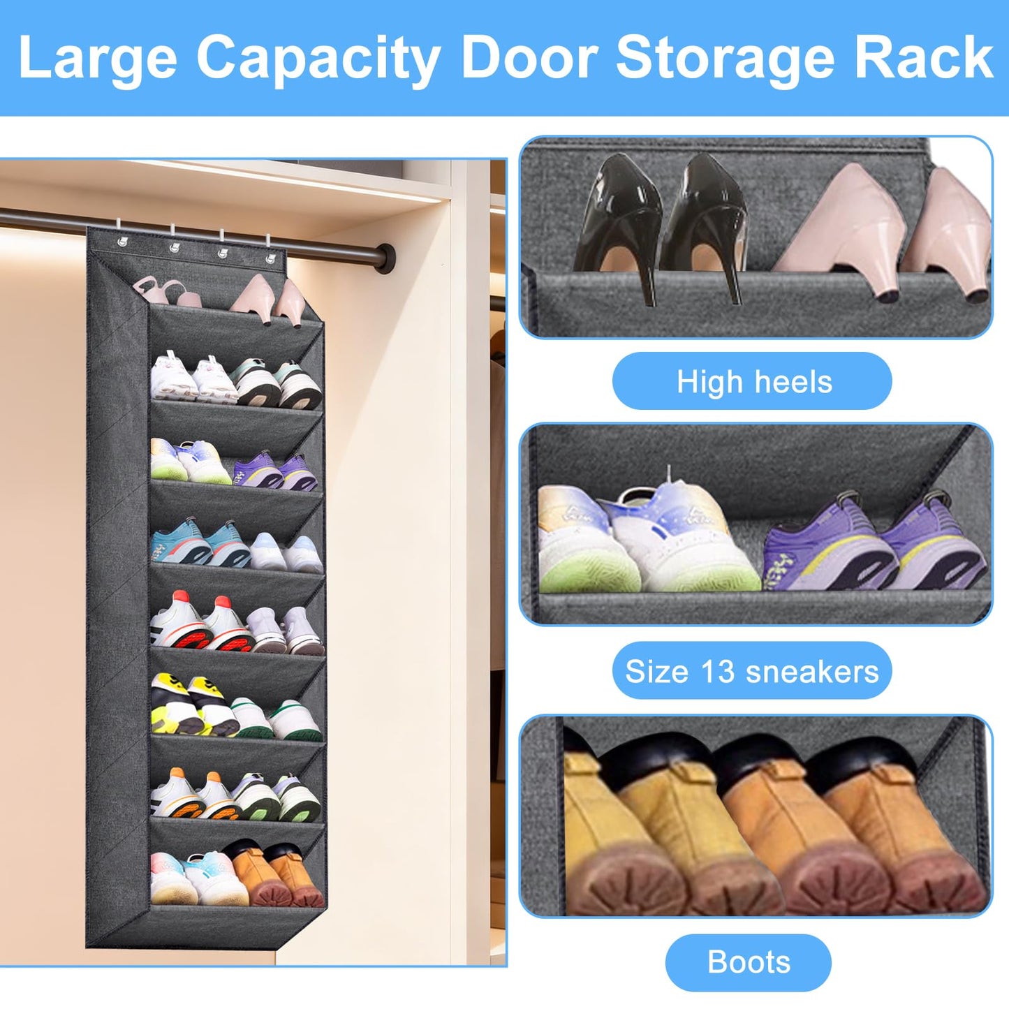 QUMENEY 8 Shelves Over Door Shoe Organizer Hanging Shoe Rack for Door Closet with Deep Pockets Back of Door Storage fits 24 Pairs Shoe Holder（Gray）