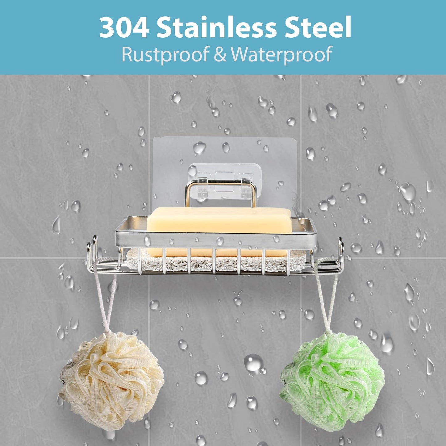 YoHyien 2 Pcs 304 Stainless Steel Wall Mounted Soap Holder, Self Adhesive Soap Dishes with Hooks & Soap Saver, Shower Soap Holder for Bathroom