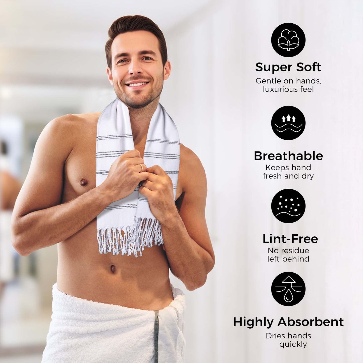 Ouxiaobai Hand Towels for Bathroom - Pack of 2 Turkish Hand Towels Set, Thin Decorative Tea Towel, 20 * 30 Inch Kitchen Cloth with Tassel (White)