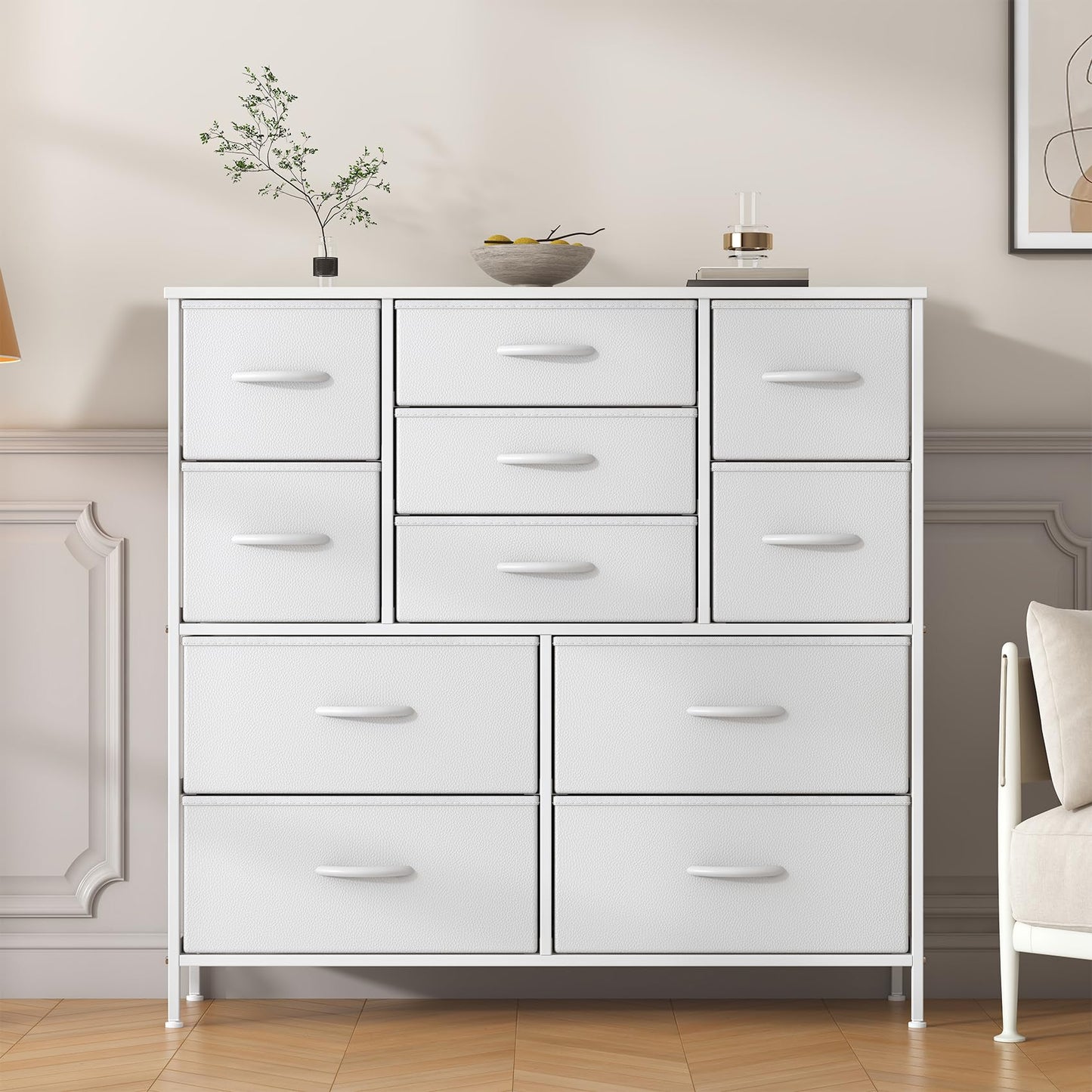 Feonase Chest of Drawers,Bedroom Tall Dresser with 11 Fabric Drawers, Metal Frame & MDF Wood Top, Adjustable Feet, Storage Organizer Unit for Bedroom