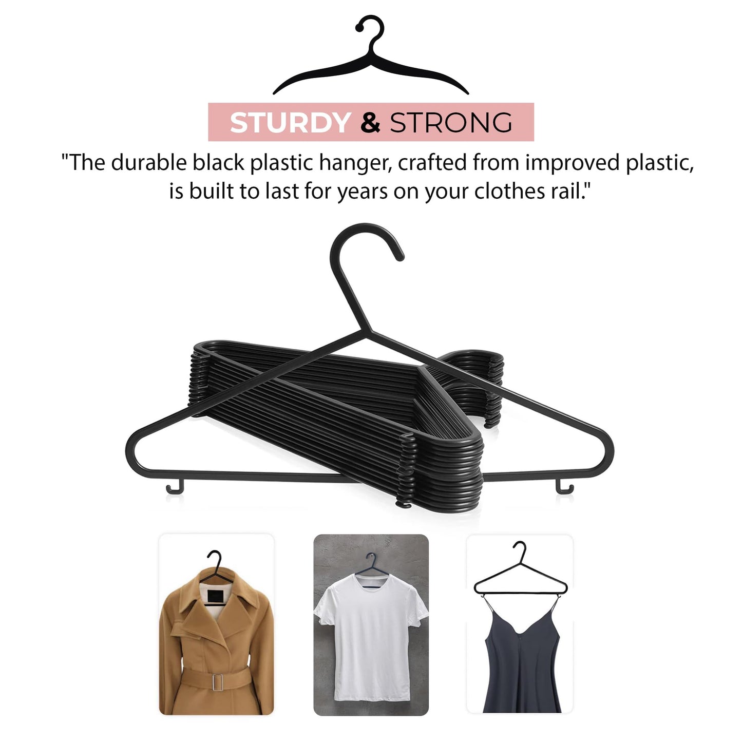 Roe Tenpo Coat Hangers, 25 Pack, Black | Adult Plastic Clothes Hangers for Clothes | Durable & Lightweight | Non-Slip, Space-Saving Design for Shirts