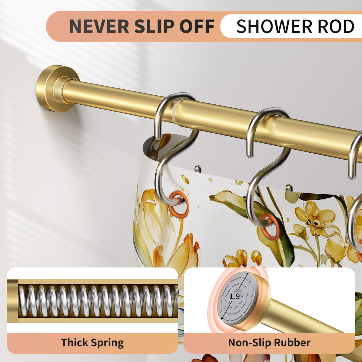 Emlaoe Gold Shower Curtain Rod 34-66 Inches2.8-5.5ft Never Rust Adjustable Shower Rod Spring Tension Non Slip No Drilling Shower Rods for Bathroom