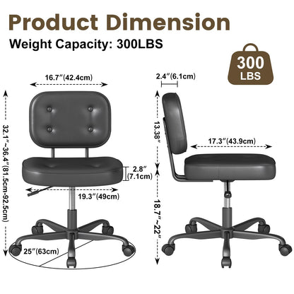 AnyGod PU Leather Armless Home Office Desk Chair, Small Ergonomic Task Chair for Adults and Students, Low Back Seating with Swivel, Adjustable Height