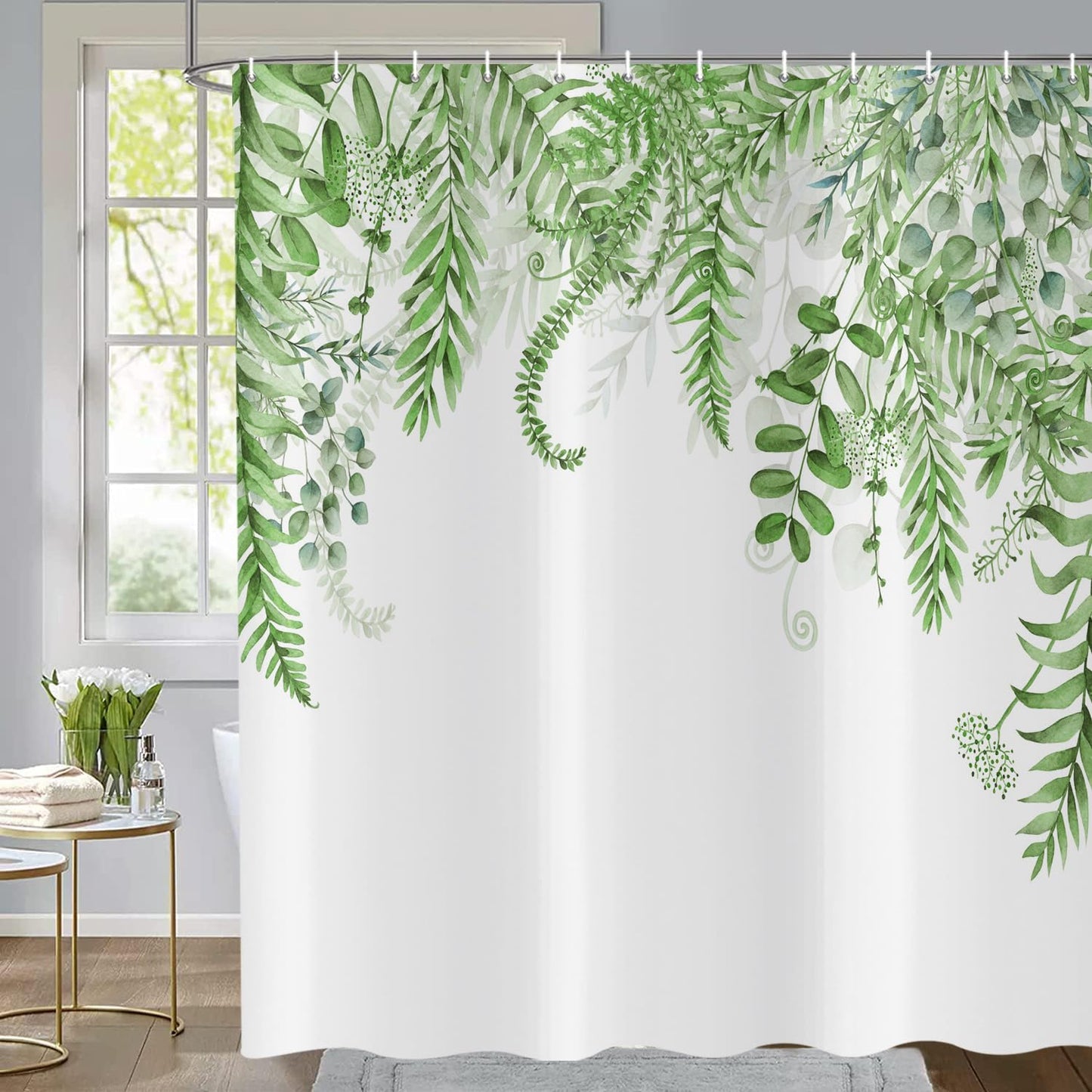 ASDCXZ Green Eucalyptus Shower Curtain 180x200 cm, Green Eucalyptus Leaves Spring Watercolor Plants Waterproof Bath Curtain Polyester Textile
