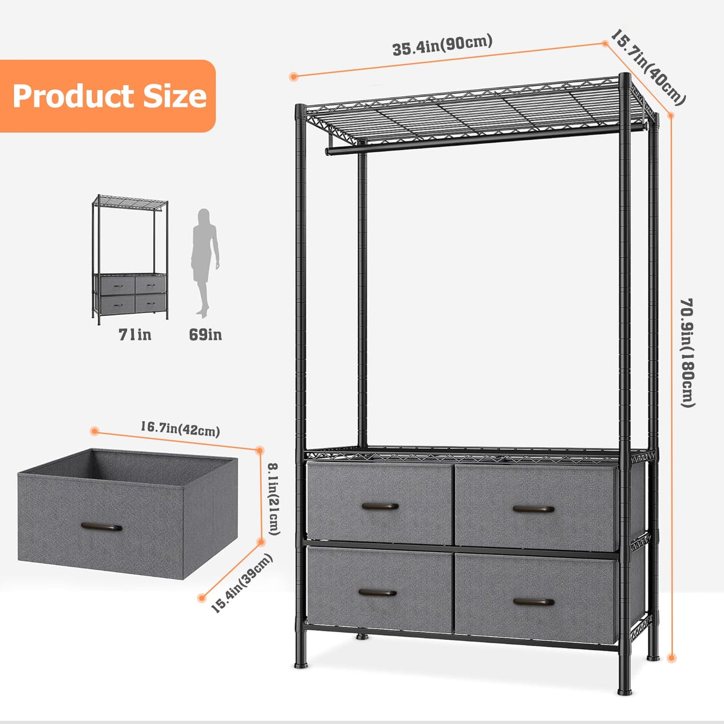 FTEYUET Clothes Rail Heavy Duty for Hanging Clothes with 4 Fabric Drawers
