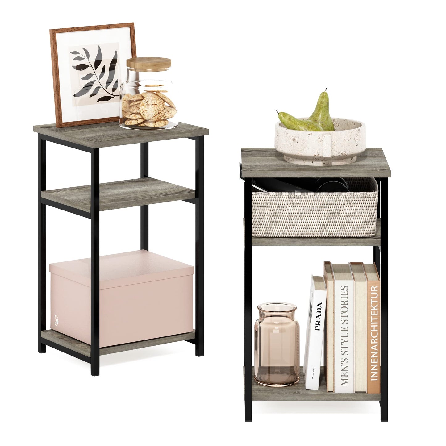Furinno JUST Side Table Set of 2, 3-Tier Metal Frame End Table with Open Shelf, Night Stand, Bedside Table, for Living Room, Bedroom, French Oak