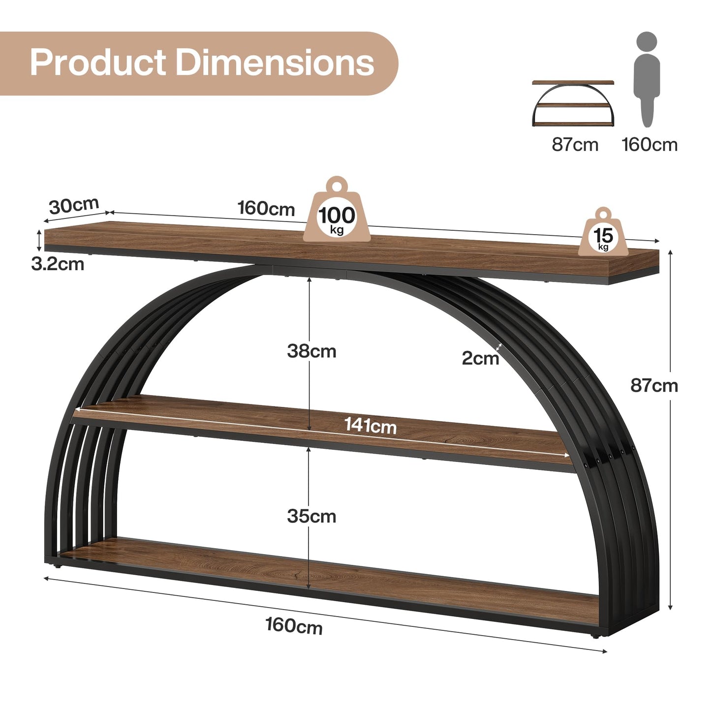 Tribesigns 160cm Entryway Table Console Tables, 3-Tier Sofa Table Narrow Long with Open Storage Shelves for Living Room