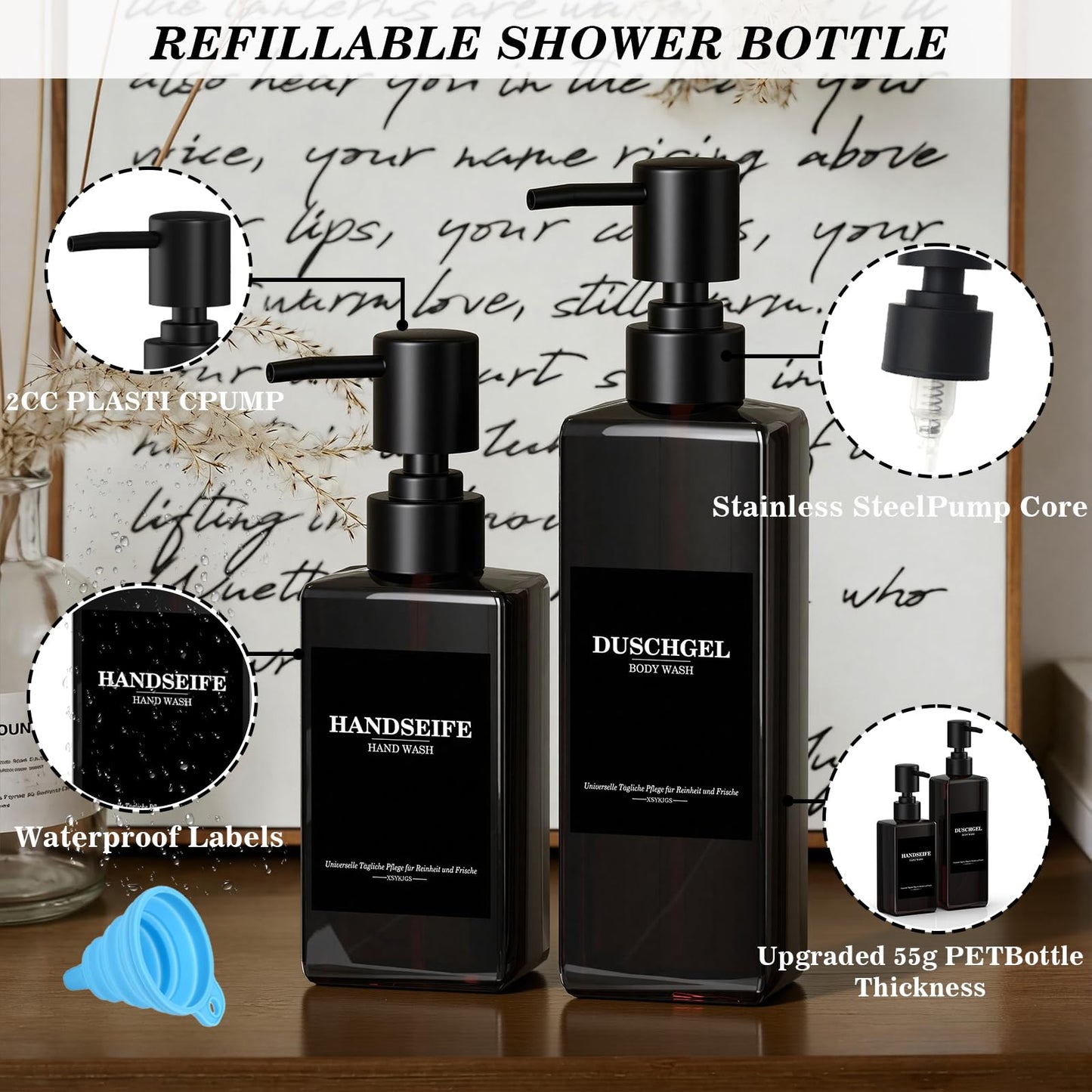 Set of 5 Reusable Shampoo Dispenser Bottles for Filling, 3 x 300 ml + 2 x 500 ml Brown Refill Bottles with Pump Dispenser