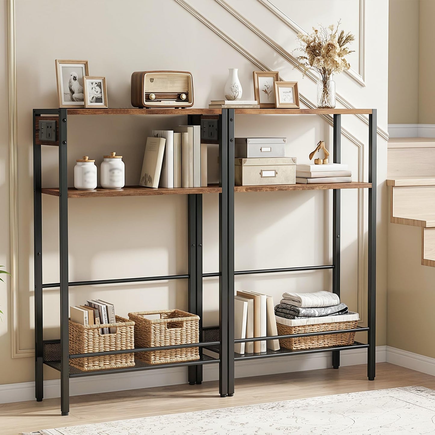 HOOBRO 3-Tier Console Table with Charging Station (1AC, 1USB, 1Type-C), Hallway Table with Adjustable Shelf