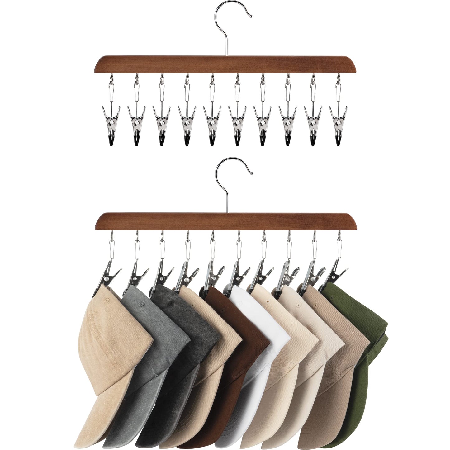 StorageWorks Hat Organiser, Wooden Hangers for Baseball Cap Storage, Set of 2 Cap Organizer with Adjustable Stainless Steel Clips, Fits All Caps