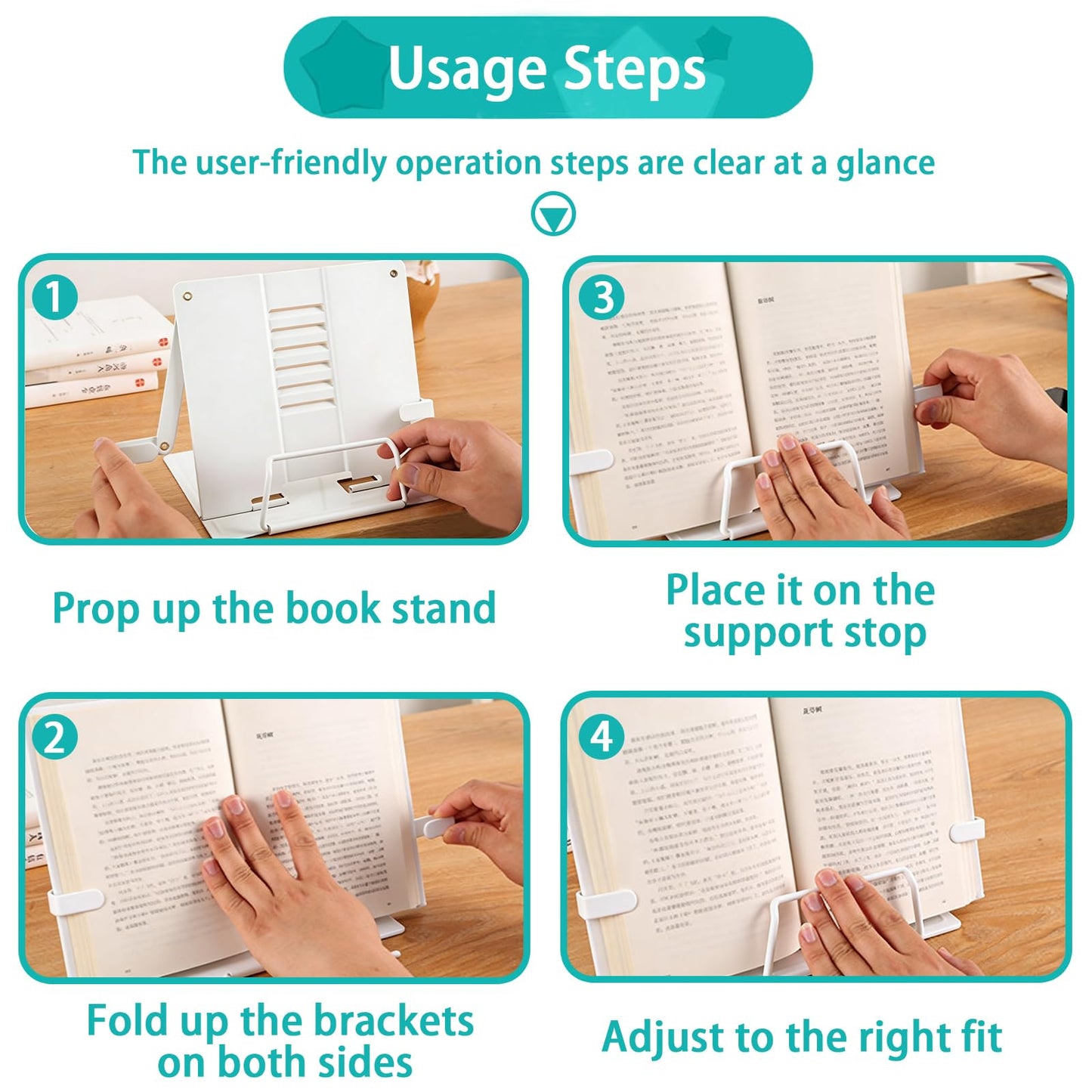 Senshuomy Adjustable Recipe Book Stand, Folding Cookbook Holder for Kitchen, School and Office Use, Reading Rest with Multiple Angles (White)