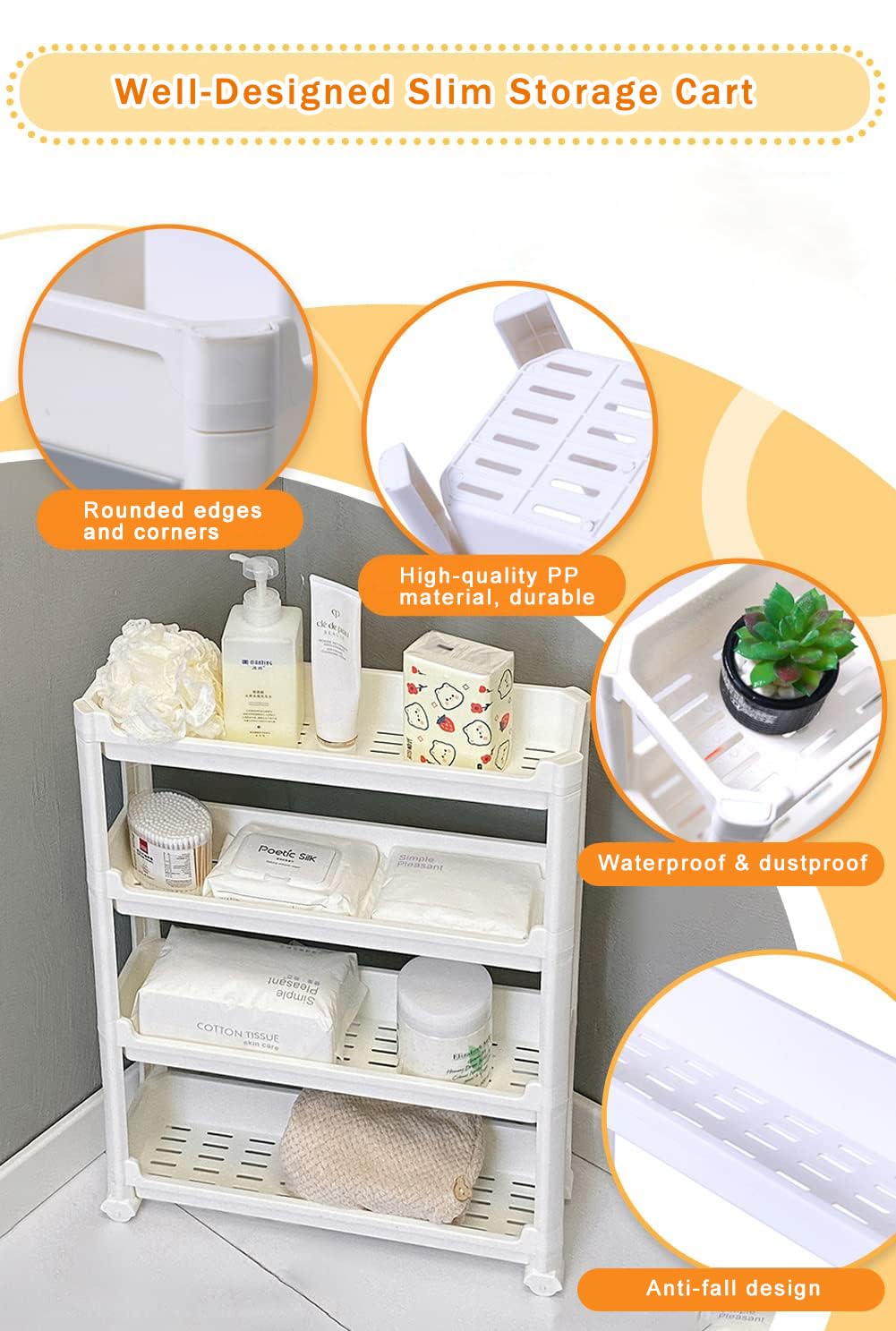 Gelory 4 Tier Slim Storage Cart Slide Out Kitchen Trolley, Mobile Storage Shelving Organizer Cart for Kitchen Bathroom Laundry Office