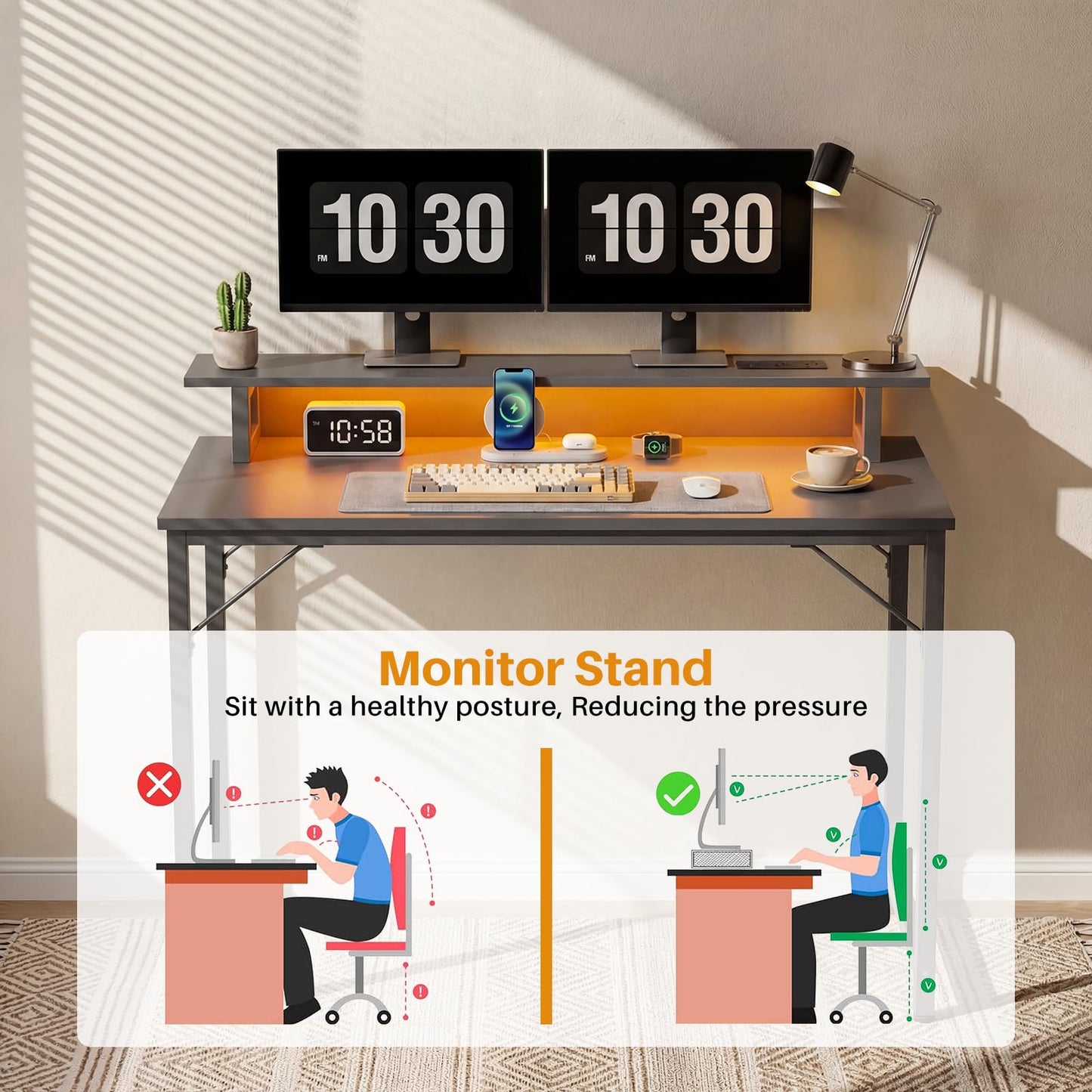iSunirm Gaming Desk with Power Outlets & LED Lights, 100cm Computer Desk with Monitor Stand, Small Home Office Desk for Small Space