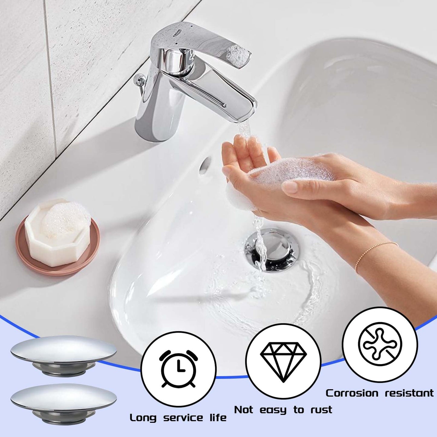 2 Pack Pop Up Sink Plug 66mm Silver Chrome Click Clack Basin Waste Durable