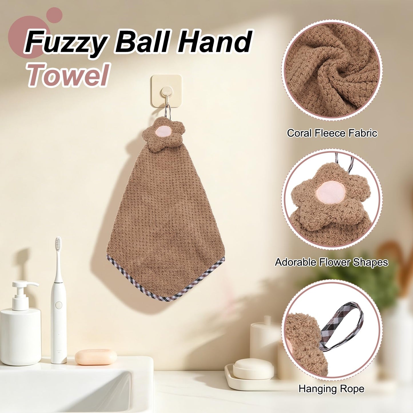 sourcing map Hand Towel, Soft Coral Fleece Hand Towels with Hanging Loop Decorative Flower Pattern Quick-Drying and Washable for Home Bathroom