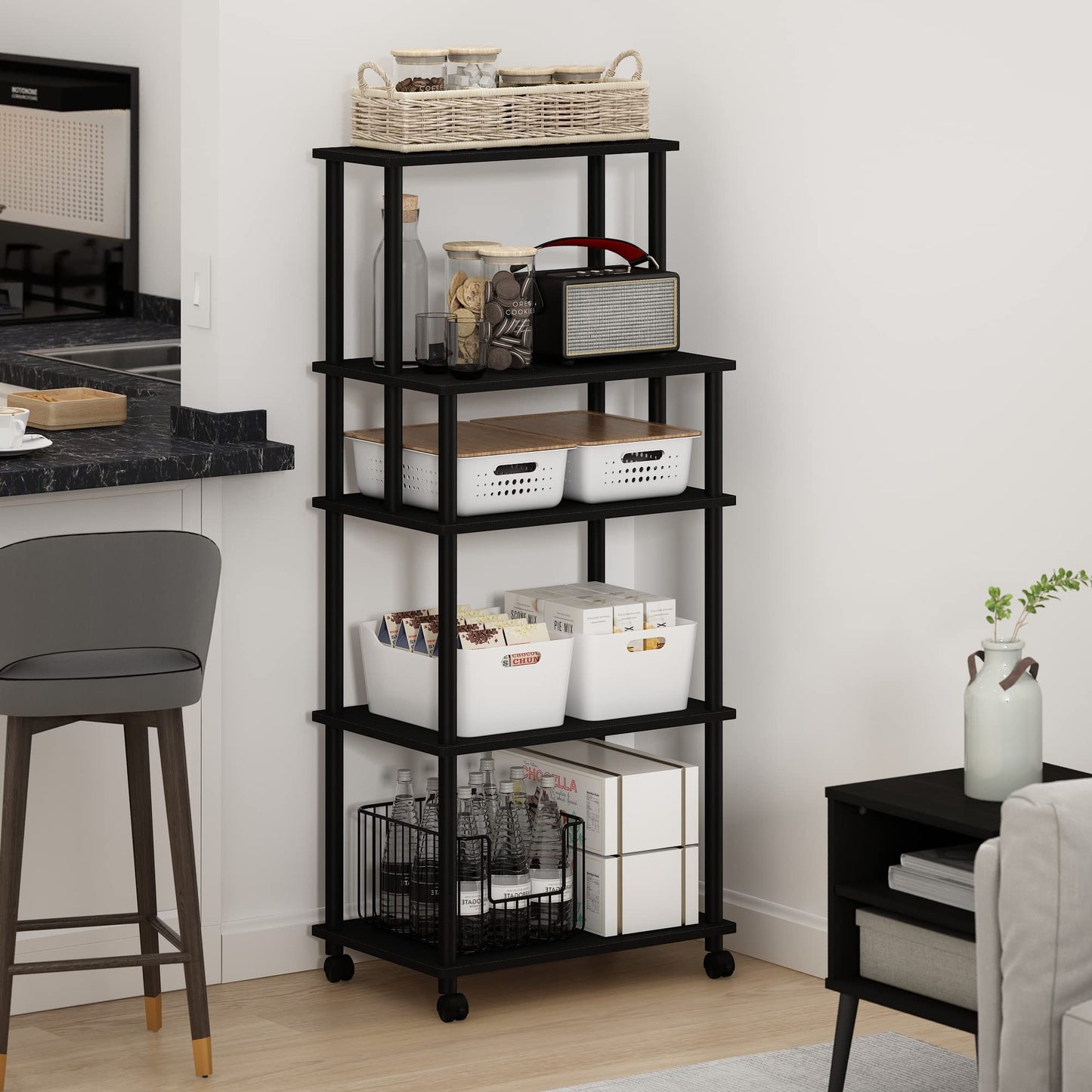 Furinno TURN-N-TUBE Bakers Rack with Wheels, 5-Tier Kitchen Storage Cart, Kitchen Cart, Coffee Bar, Pantry Organizers and Storage, Americano