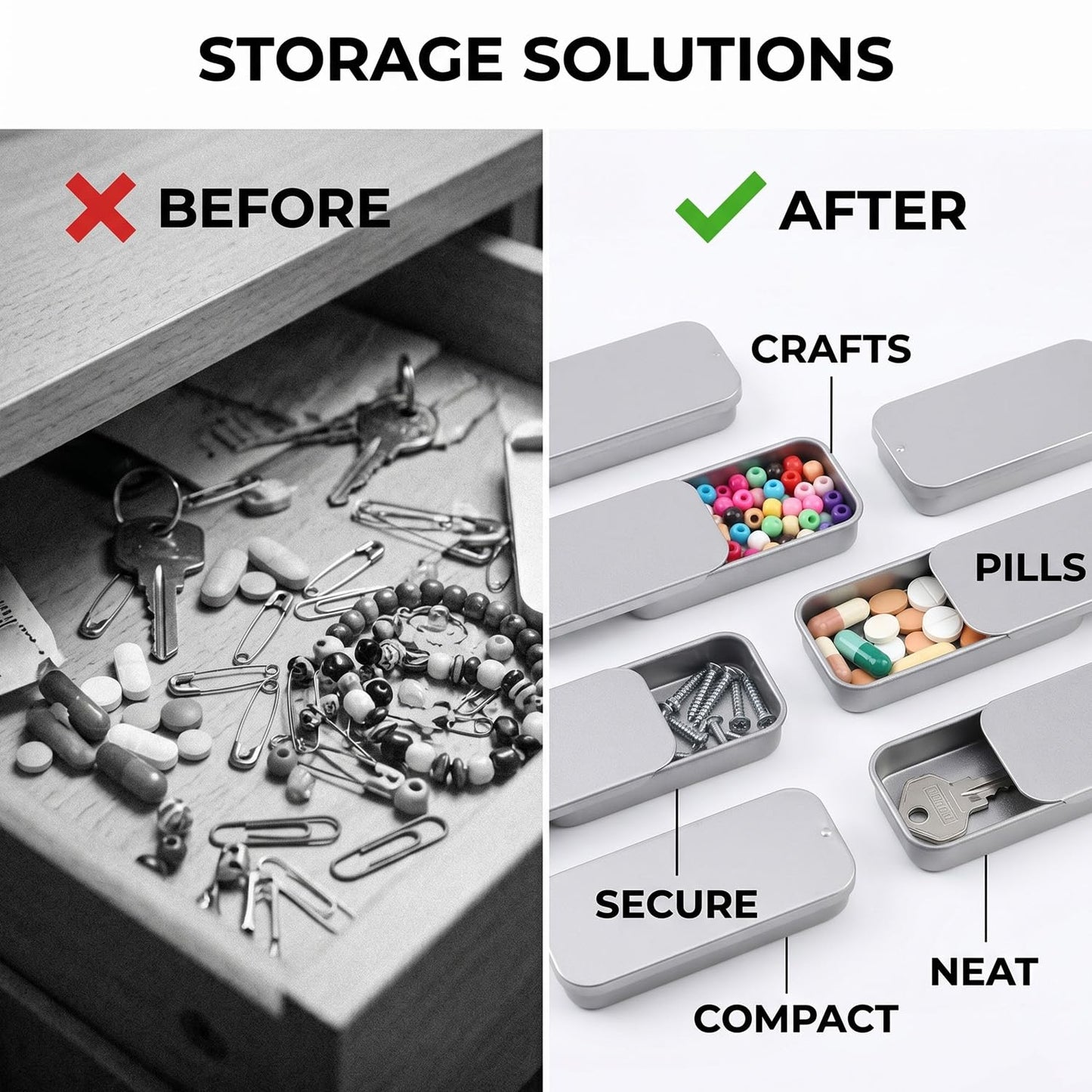Lotsdonxia 6 Pcs Rectangular Tins, Slider Lid Metal Boxes, 50x25x10mm Portable Storage Containers, Silver Alloy Steel, Airtight Craft Organisers