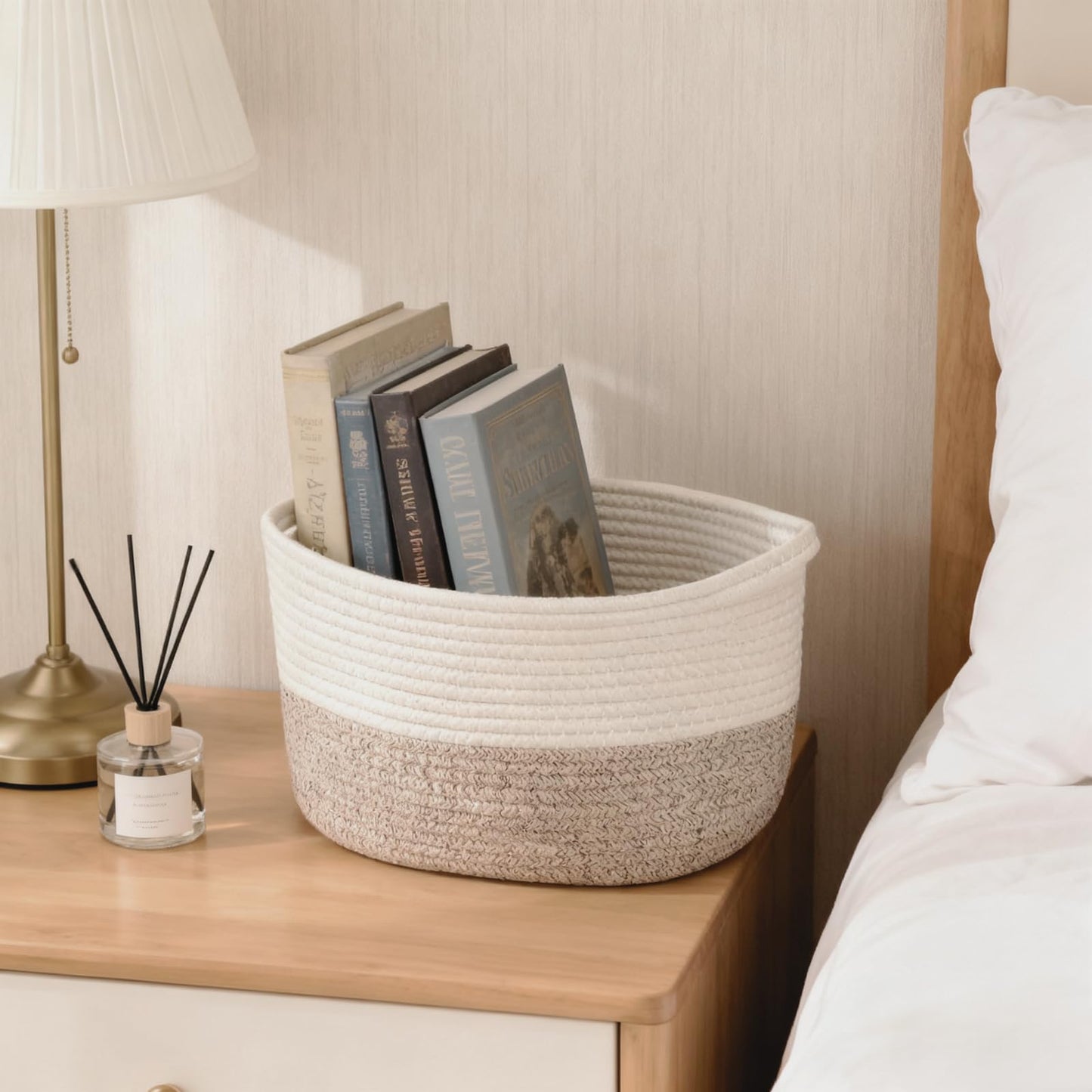 Pomodee White-Brown Cotton Rope Woven Storage Basket with Handle,34×28×24 cm,Storage Baskets for Gifts,Toys,Clothes,Books,Bathroom and Living Room