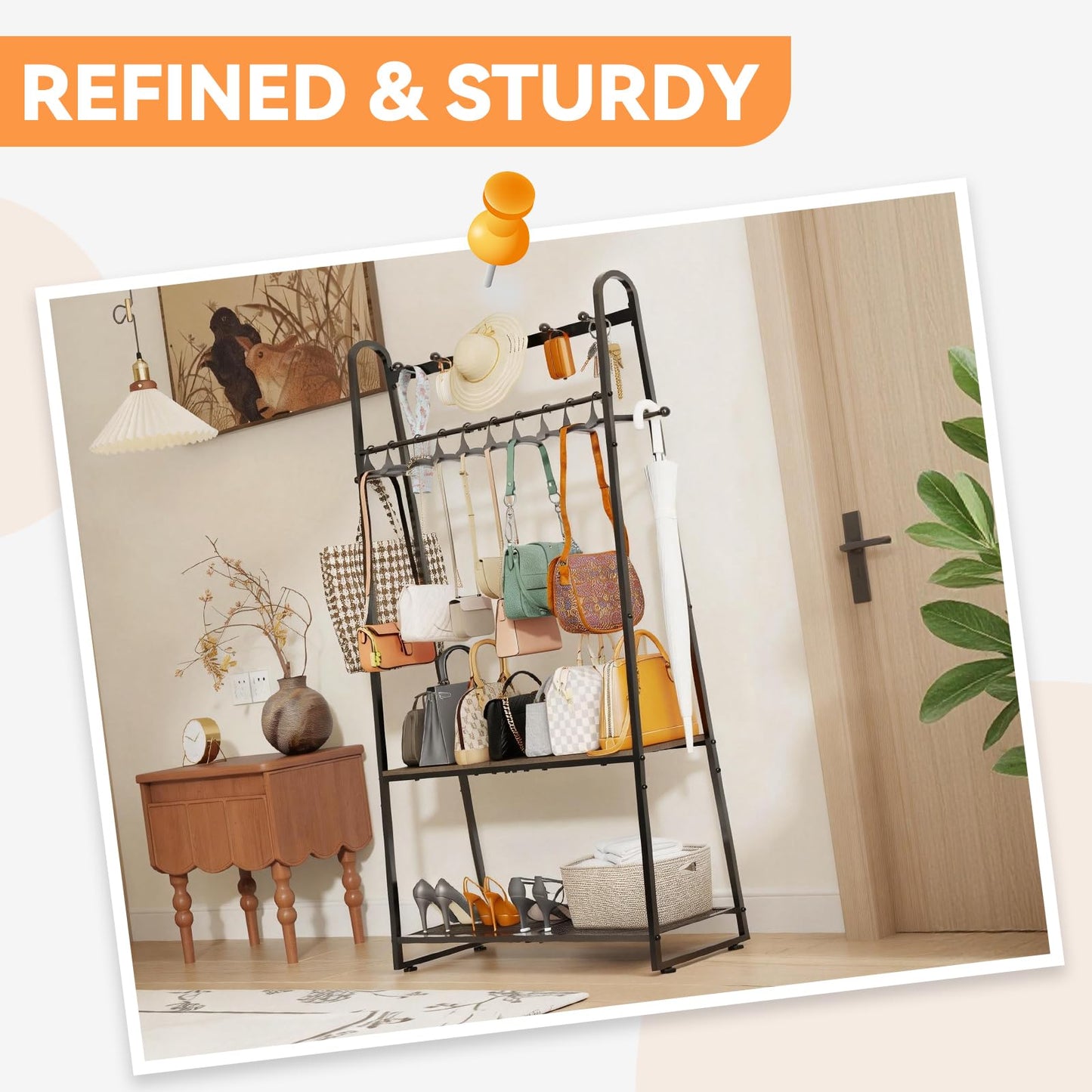 KAFAHOM Coat Rack, Handbag Storage Solutions, Wood & Metal Bag Stand with Adjustable Hooks for Wardrobe, Bedroom, Hallway, Black