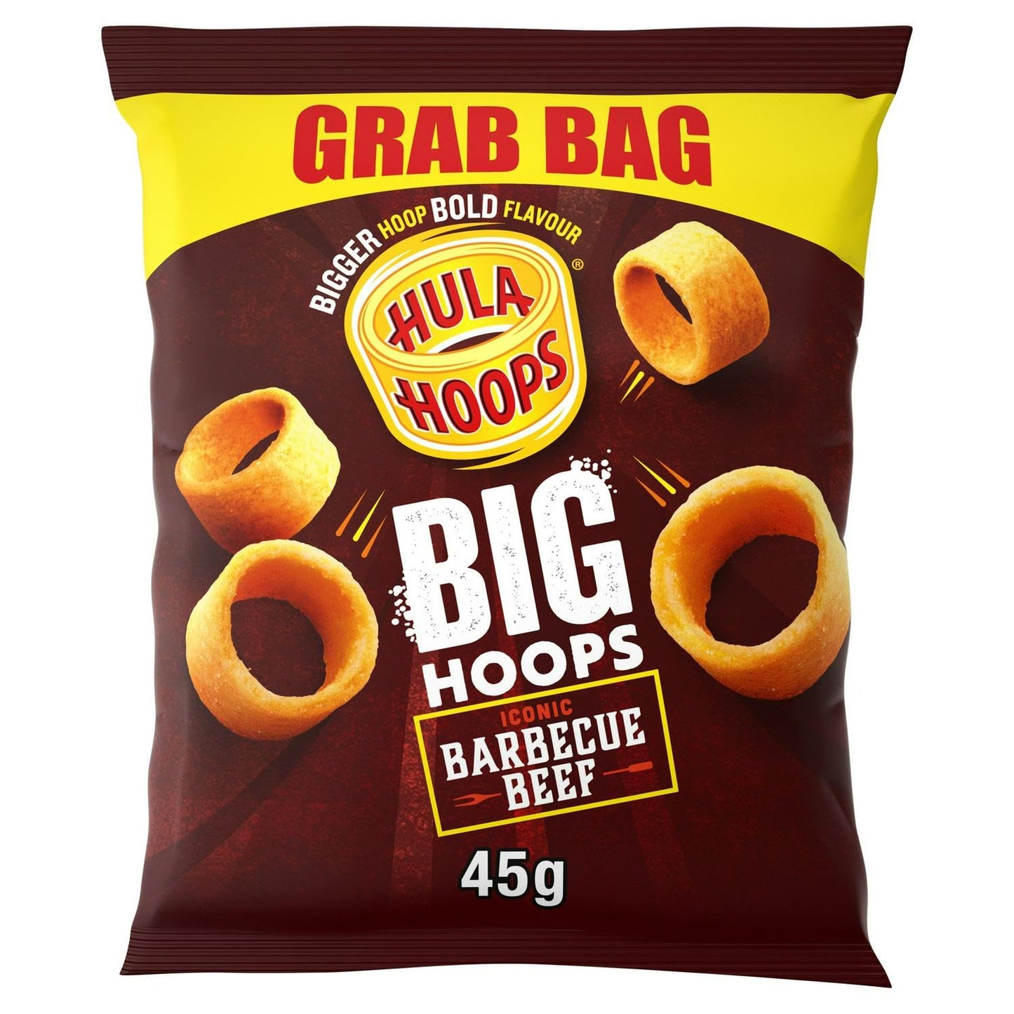 Hula Hoops BIG HOOPS BBQ BEEF Grab Bag Crisps 45g Bags, Case of 36 - Bigger Hoop, bold flavour. Bigger than standard sized Hula Hoops, No Artificial