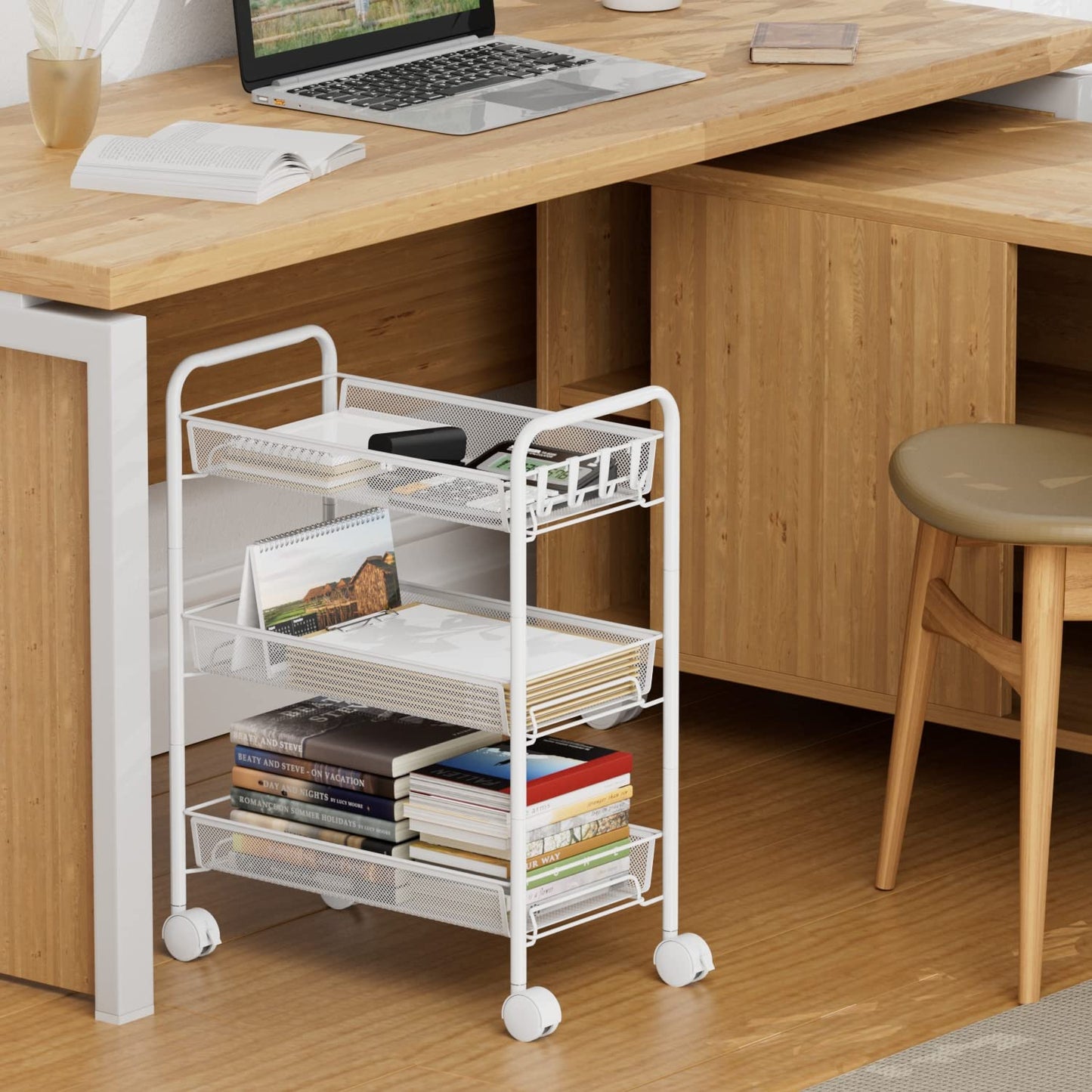 OVICAR Mesh Wire 3 Tier Rolling Cart, Kitchen Storage Utility Cart, Multifunction Basket Stand for Bathroom