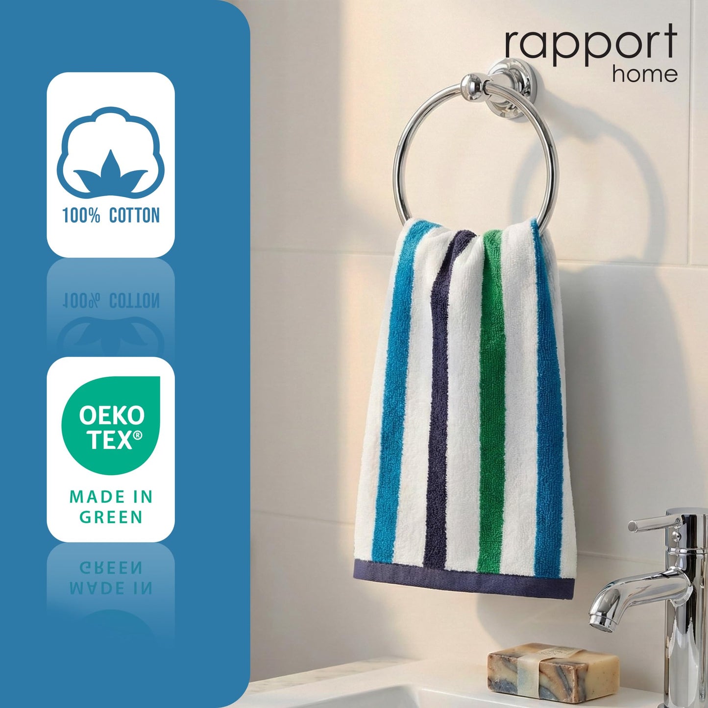 Rapport Home Amalfi Hand Towels 2 Pack | Blue | 50x85cm | Luxurious 500GSM 100% Cotton | Oeko-Tex Certified Absorbent & Soft Bathroom Towel Set