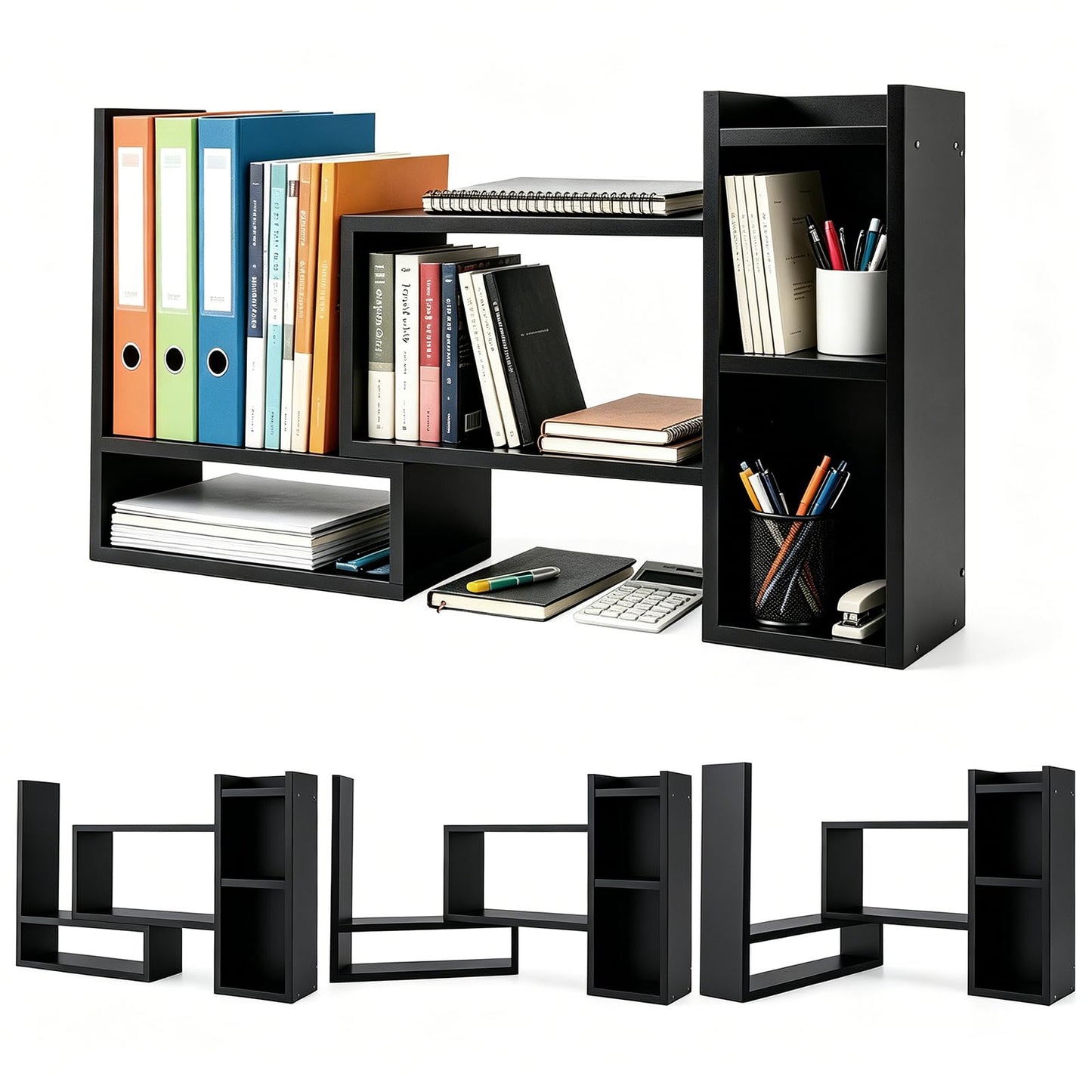 Rivosar Wooden Desktop Bookshelf, Expandable Desk Shelf with Storage Unit