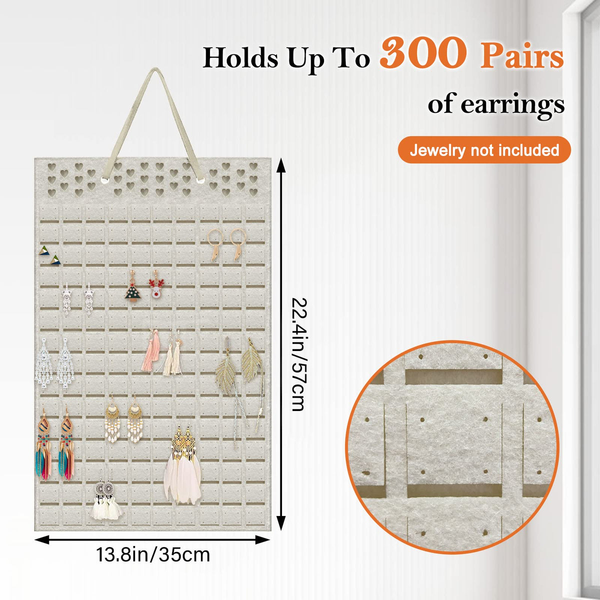 Yanmucy Earring Holder Organizer Hanging Holds Up to 300 Pairs Wall Mount Jewelry Storage Bag Earring Holder For Girls Women Beige