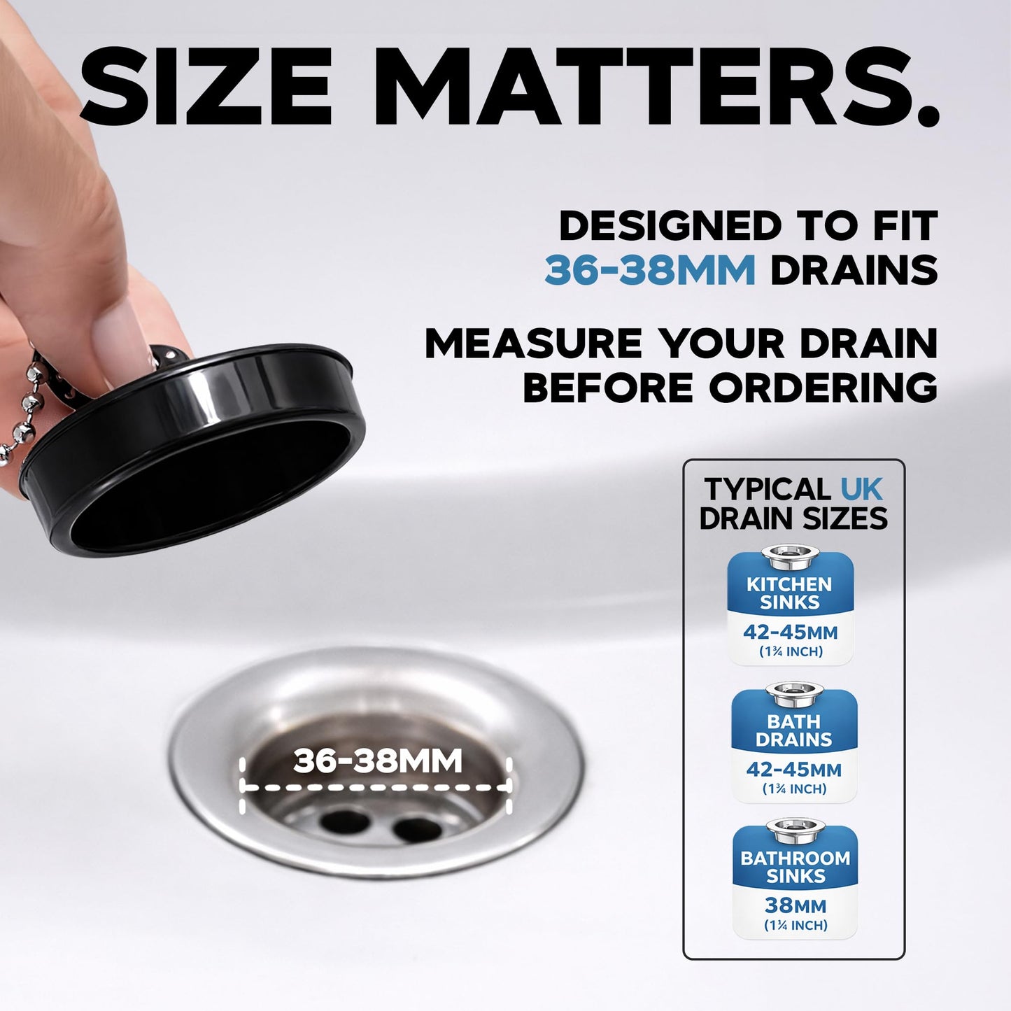 Smith’s® (36mm-38mm) Black Plug & Chain - Bathtub, Bathroom, & Kitchen Sink Plug | 48cm Strong Stainless Steel Ball Chain With S-Hooks