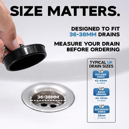 Smith’s® 36mm-38mm Black Plug & Chain - Bathtub, Bathroom, & Kitchen Sink Plug | 48cm Strong Stainless Steel Ball Chain With S-Hooks