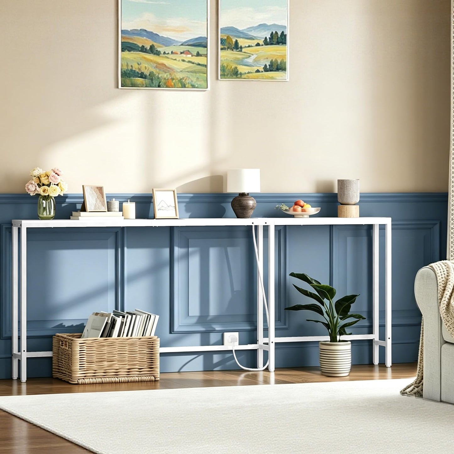 YATINEY Slim Console Table, 200 cm Narrow Sofa Table with Power Outlets, Behind Entryway Table, 3 Assembly Options, for Entryway, White XCT17KWW