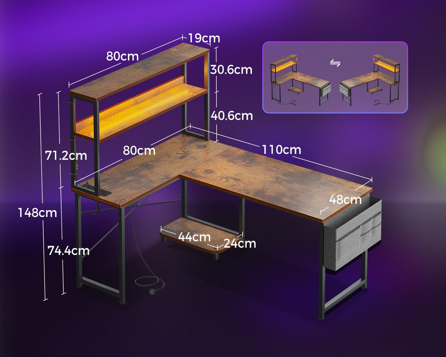 Coleshome L Shaped Gaming Desk with LED Lights & Power Outlet, Brown