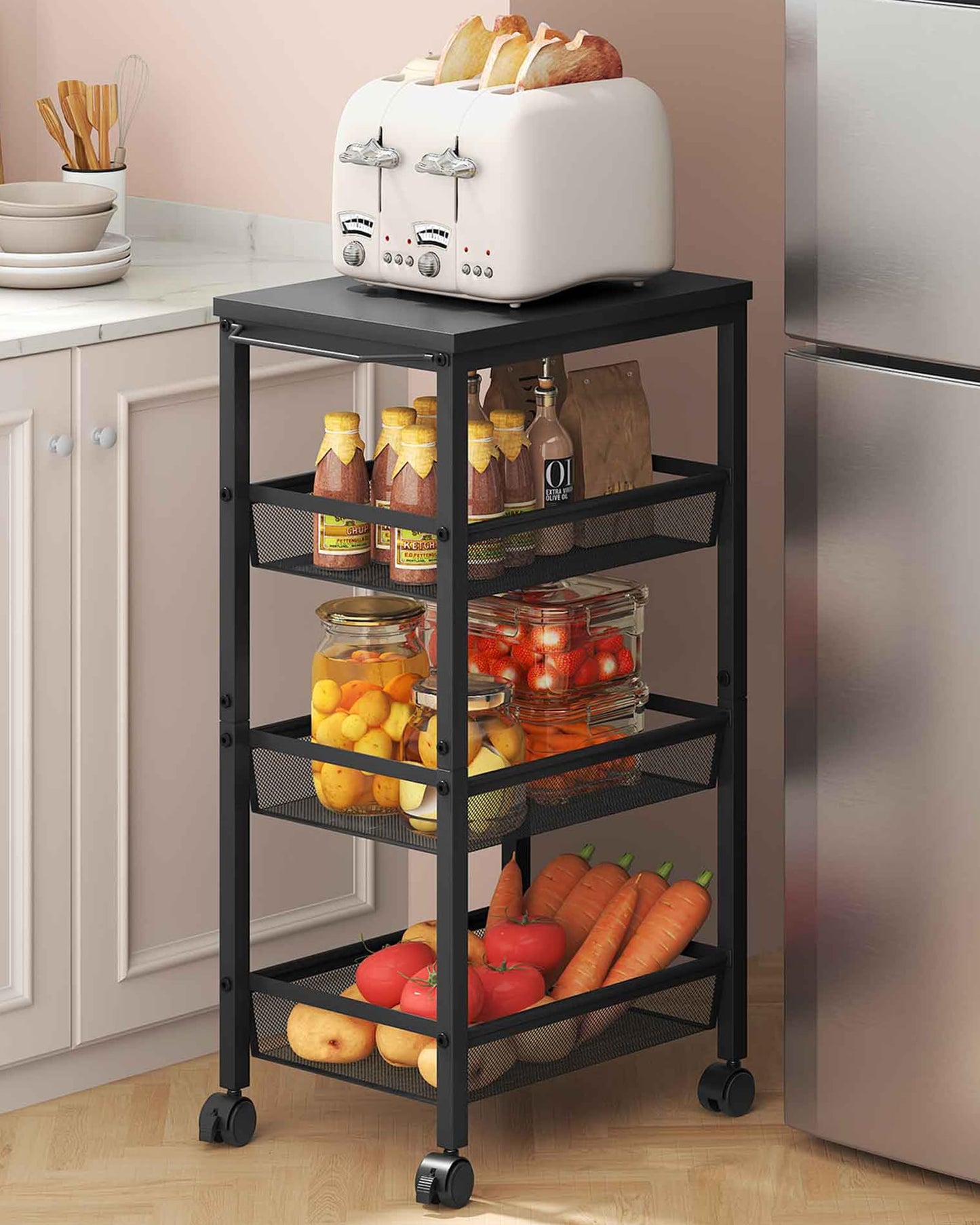 Hoctieon Rolling Storage Cart, 4-Tier Wide Panel Rolling Kitchen Storage Cart, Utility Cart with Handle & Wheels, Mobile Shelving Unit