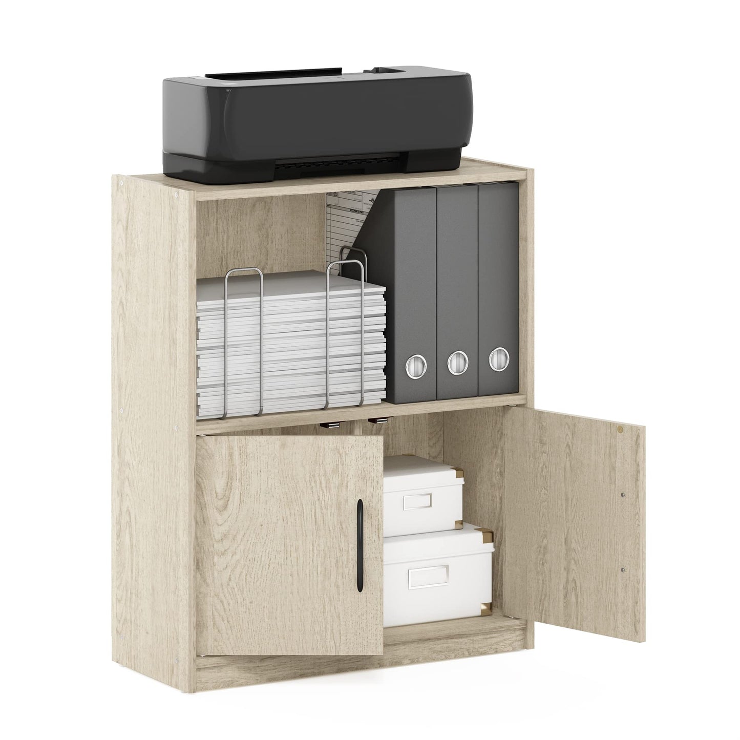 Furinno GRUEN Book Shelf, 2-Tier Bookshelf, Bookcase with Open Shelf with 2 Doors Storage Cabinet, 9.3 x 21.8 x 27, for Living Room, Bedroom