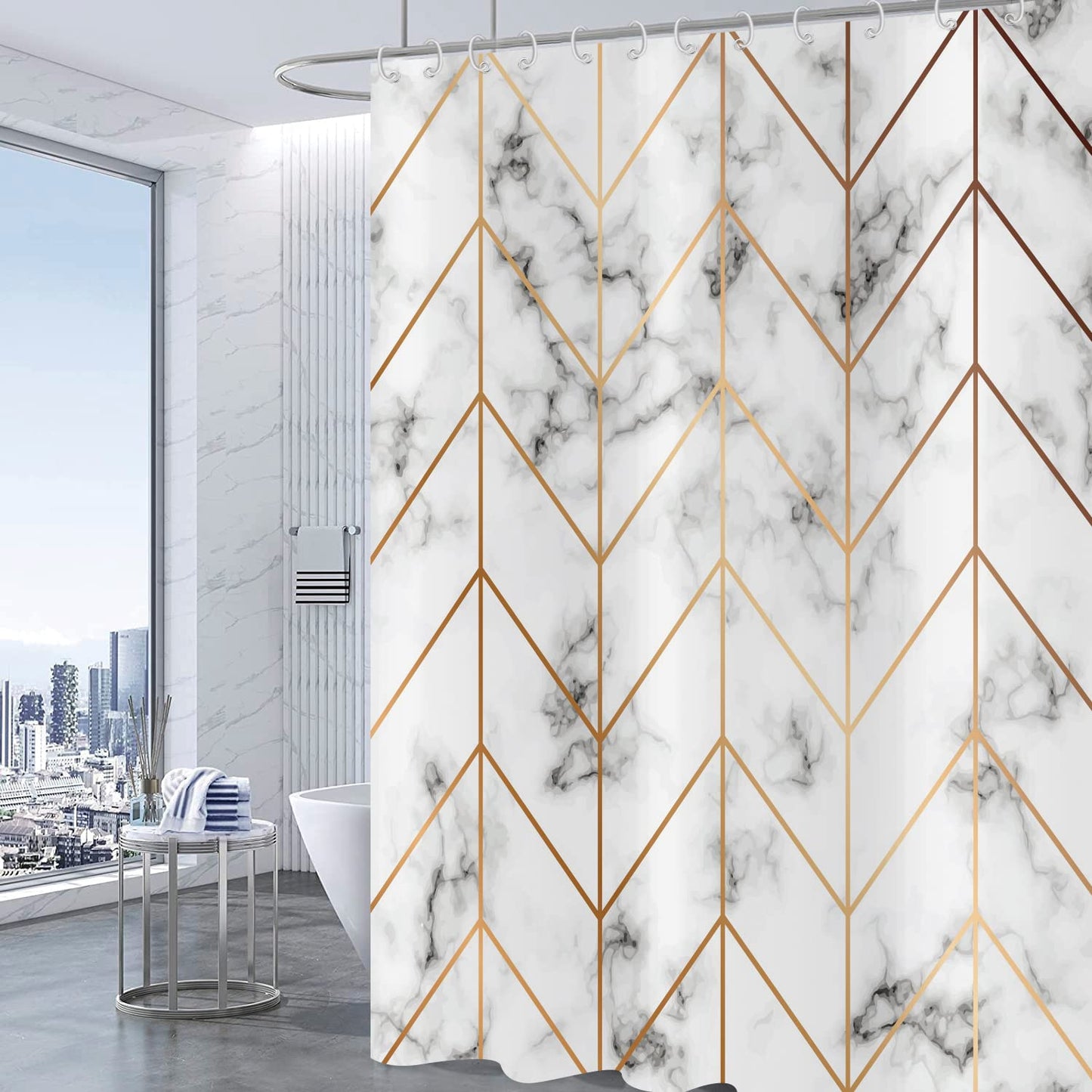 Hnmdmyi Marble Shower Curtain 180x180, Grey and White Shower Curtains Gold Geometric Line Abstract Modern Luxury Art Bathroom Curtains Waterproof