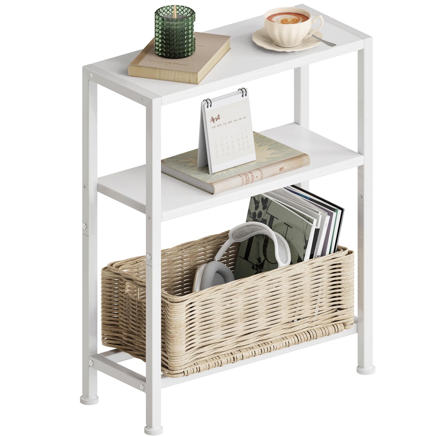 Vantimo Narrow Side Table, 3-Tier Small Shelving Unit, Slim Bedside Table for Small Space, Living Room, Bedroom, Sofa, Couch (White)