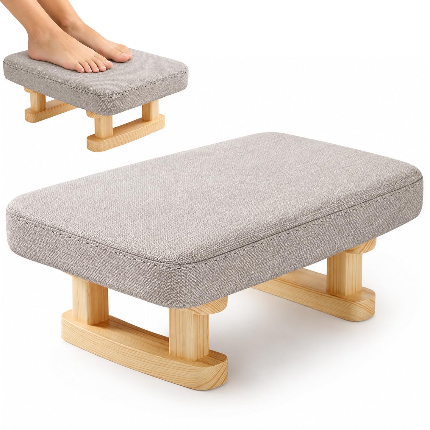 KASURE Ottoman Footstool with Wooden Legs, 41x30x18cm Pouffe Footrest with Removable Washable Cover, Solid Wood Legs Anti-Slip