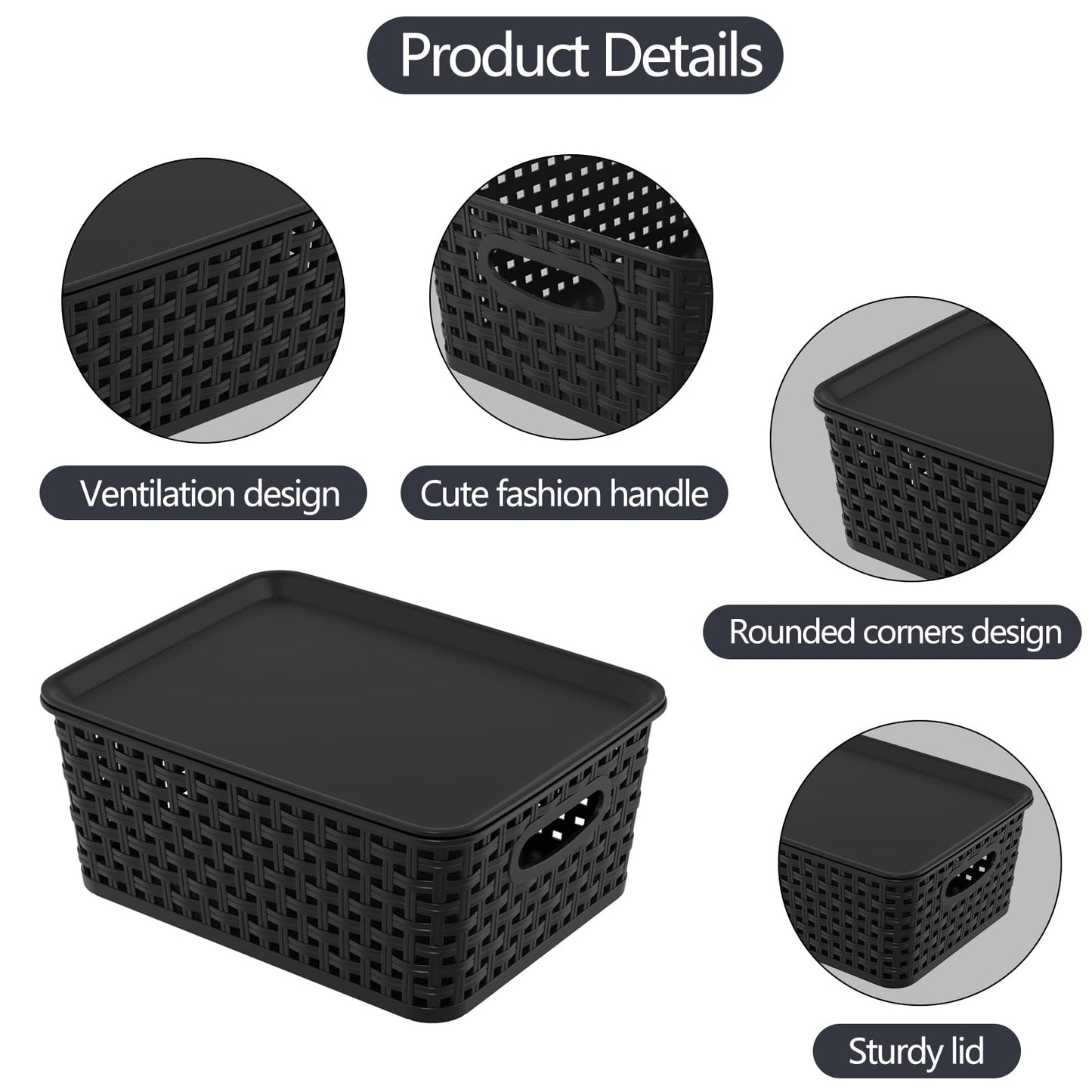 Wakikini Woven Plastic Storage Baskets with Lids, Small Weave Bins, Black