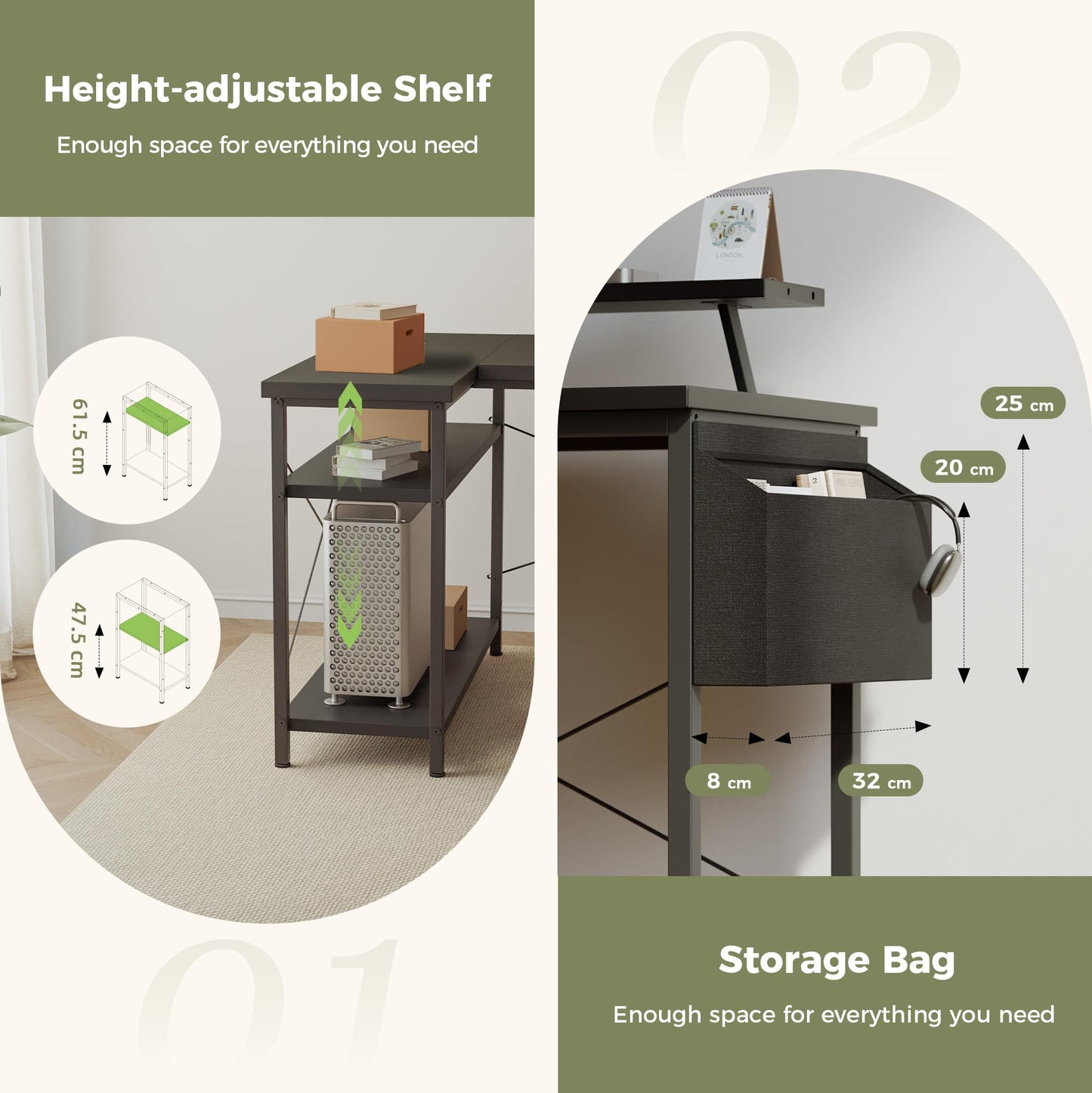 Mericonia Corner Desk, w. Monitorstand & Built-in Socket, 100x70cm, Black