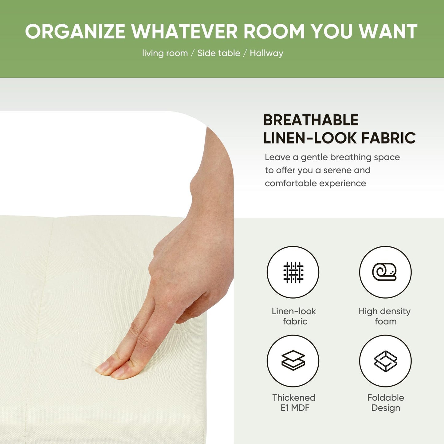 Bonlife Storage Ottoman, Folding Small Foot Rest,Toy Chest Storage Footrest Seat, Footstool for Living Room, Bedroom, Dorm, Fabric,Cream,42x32x32cm