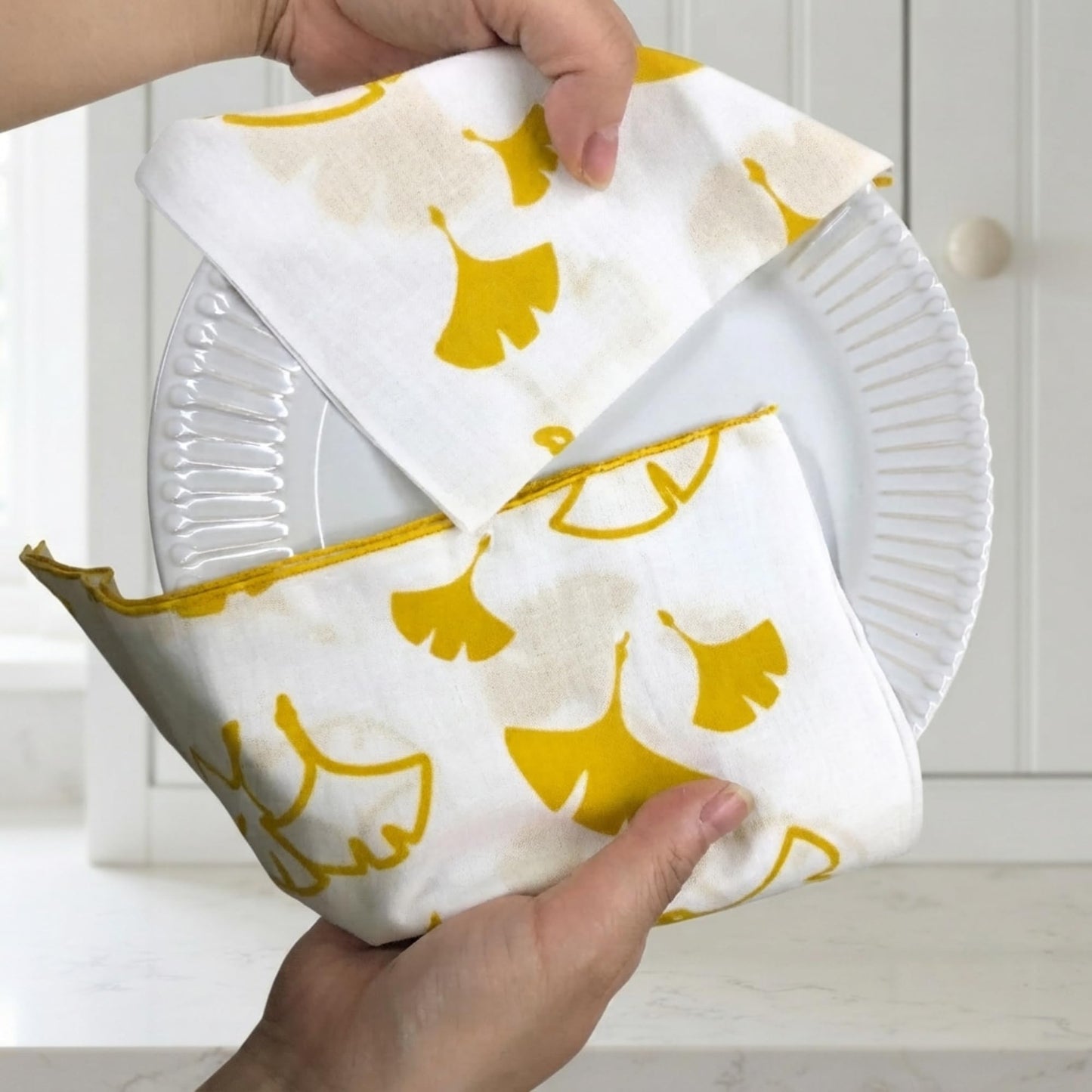 Japanese Tenugui Towel, 34.64"L x 12.99"W, Gingko (Icho) Yellow on White