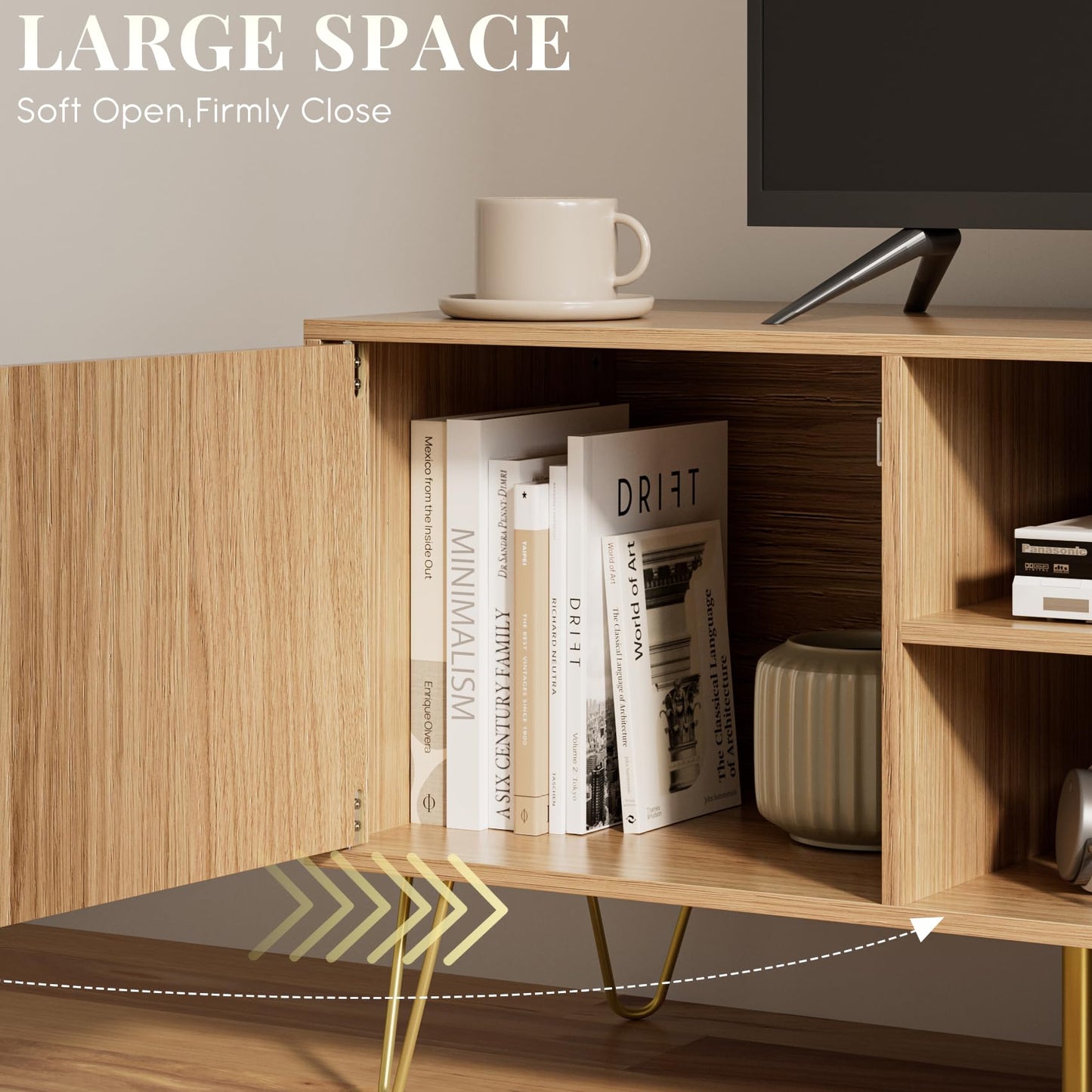 HEYZOEY Oak Fluted TV Stand, 2 Cabinets, Gold Legs, for TVs up to 65 in