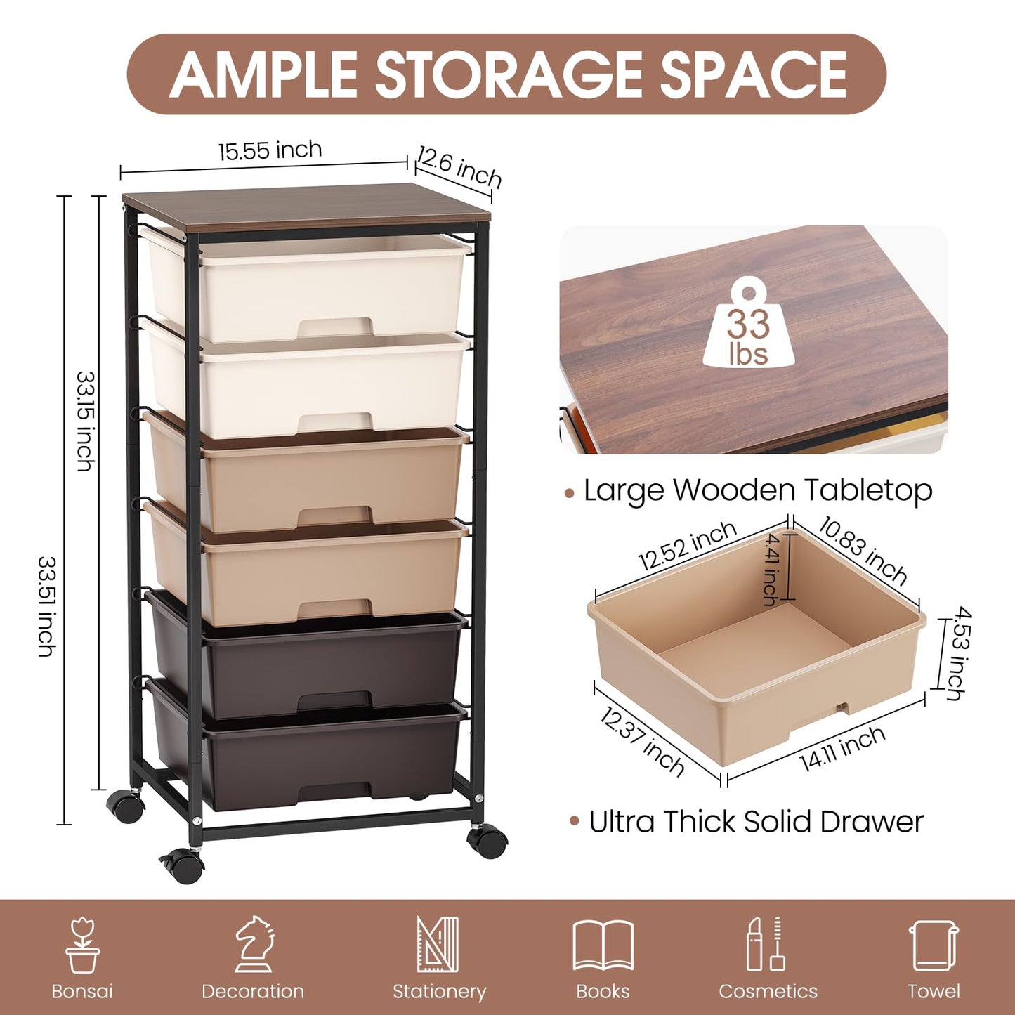 6-Drawer Craft Organizer Trolley Cart with Wooden Top, Brown