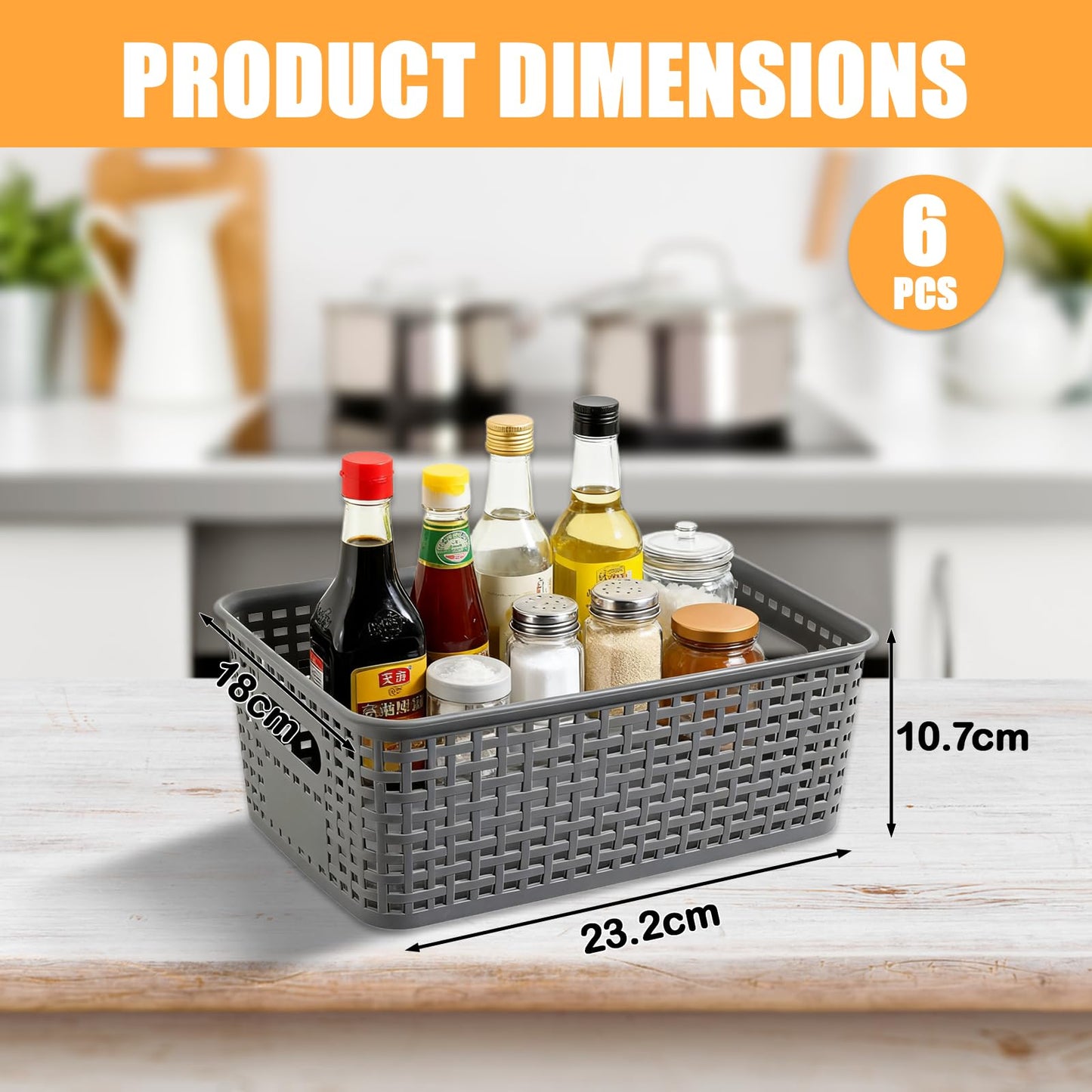 6-Pack Plastic Woven Storage Baskets – Durable & Flexible, Multi-Purpose Organizer for Kitchen, Closet, Cabinet, Shelves