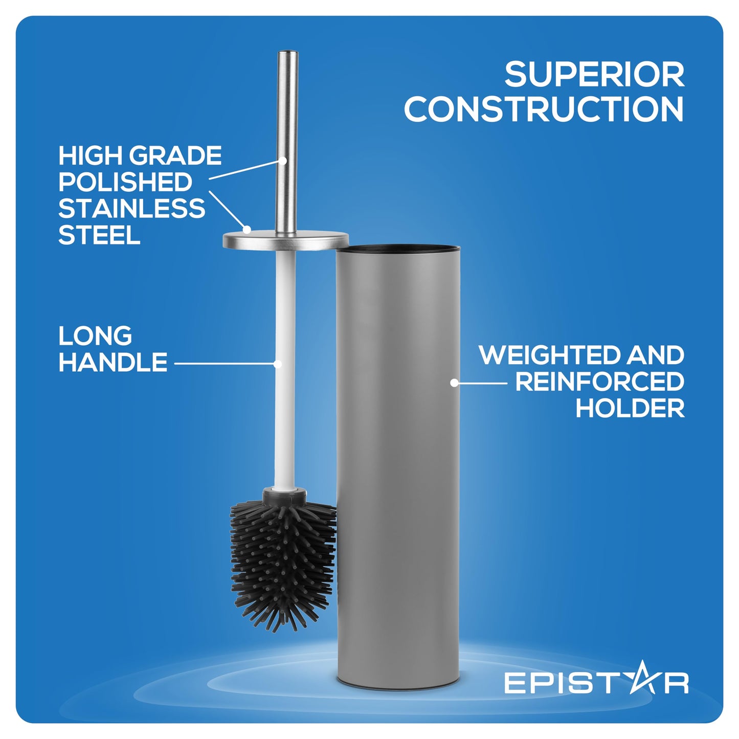 EPISTAR Silicone Toilet Brush & Holder Set - Stainless Steel - Replacement Heads Available - 45cm Tall - Toilet Brush Silicone with Long Handle (Grey)