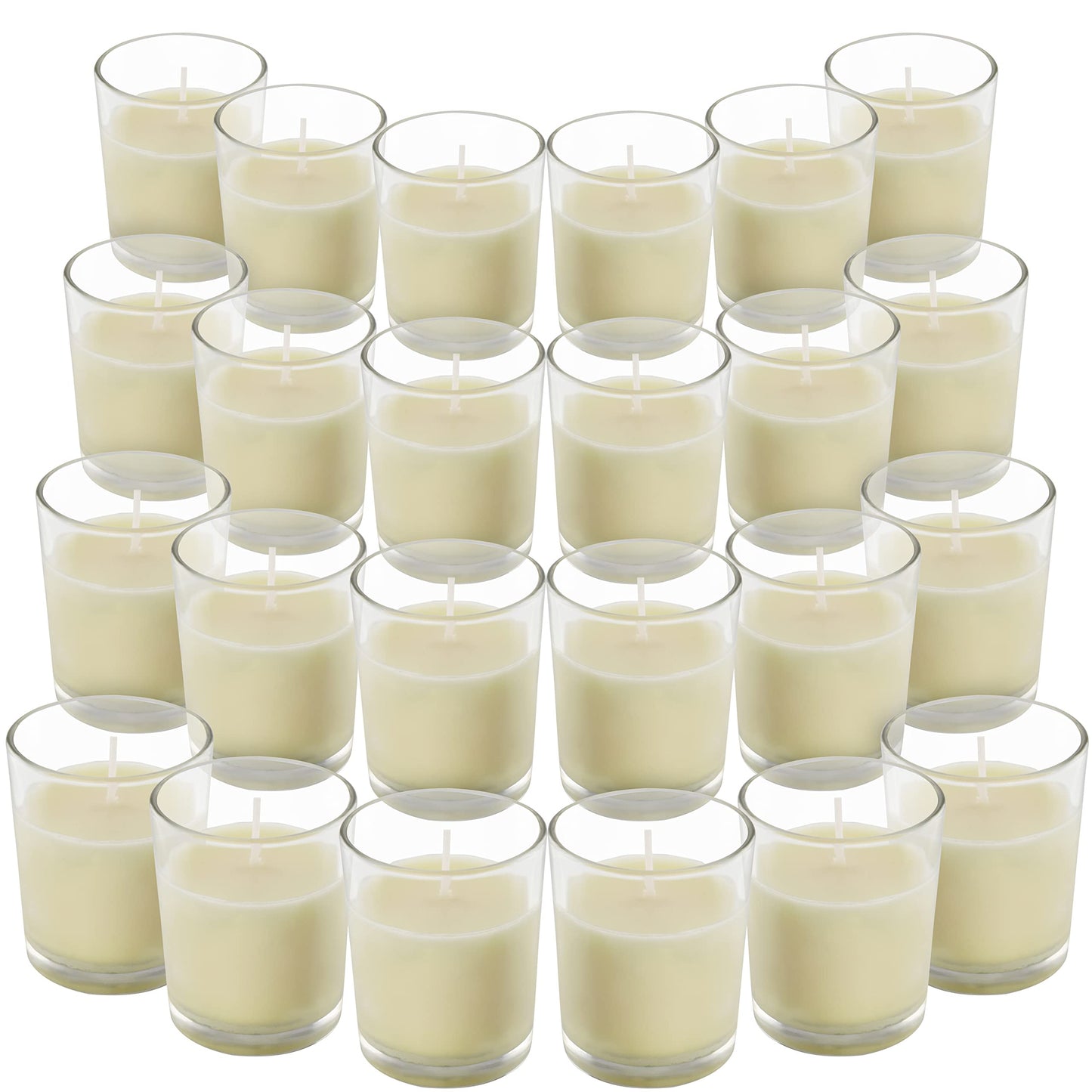 Belle Vous Unscented Clear Glass Filled Votive Candles (24 Pack) - 12 Hour Burn Time - Clear Glass Holders with Hand Poured Warm White Wax Candles -