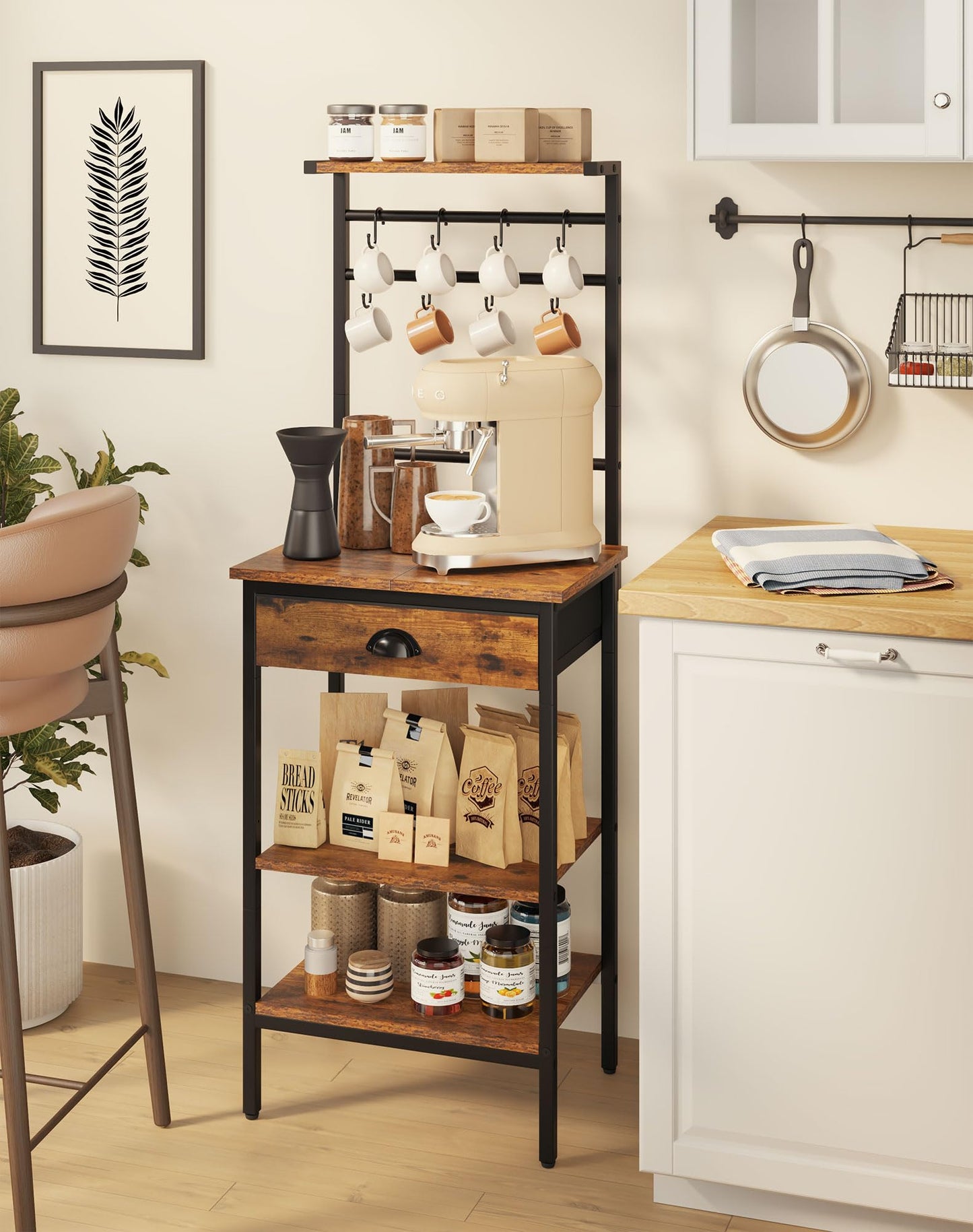 YMYNY 5 Tier Coffee Bar Station, Coffee Stand with Fabric Drawers, 8 S-Shaped Hooks, Corner Bar Cabinet, Height Adjustable, Bakers Rack for Kitchen
