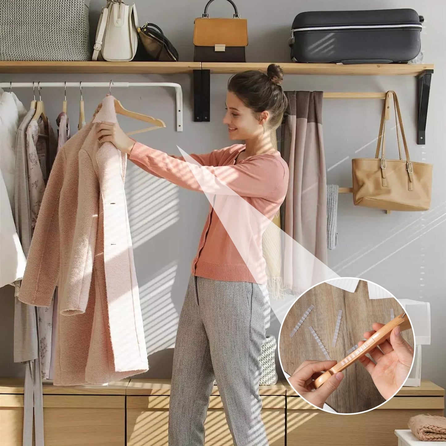 100PCS Non Slip Hanger Grips, Self Adhesive Anti Slip Clothes Hangers Grips, Silicone Clothing Hanger Strips with Fins, for Wood & Plastic Hangers